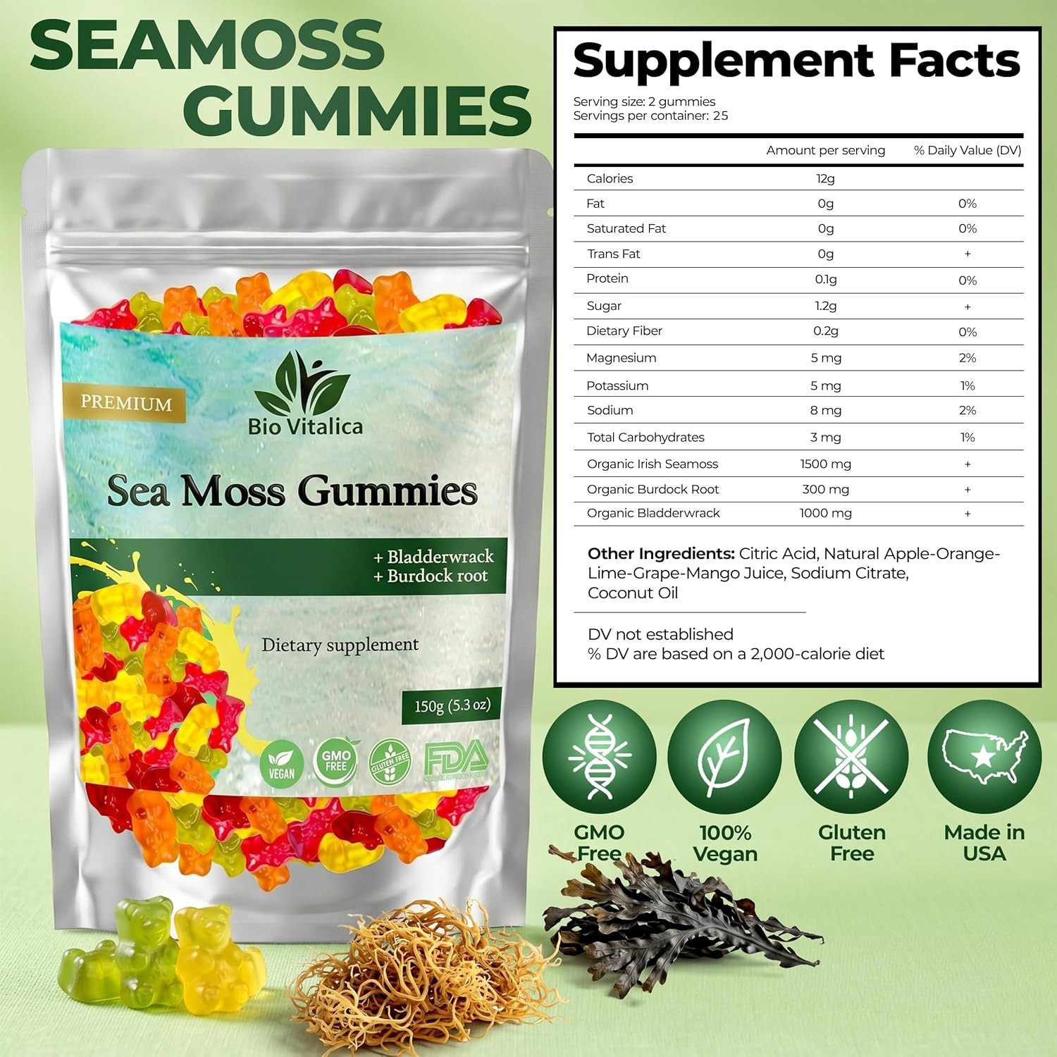 (3 Pack) Sea Moss Gummies – Irish sea Moss raw Organic Bladderwrack Burdock Root
