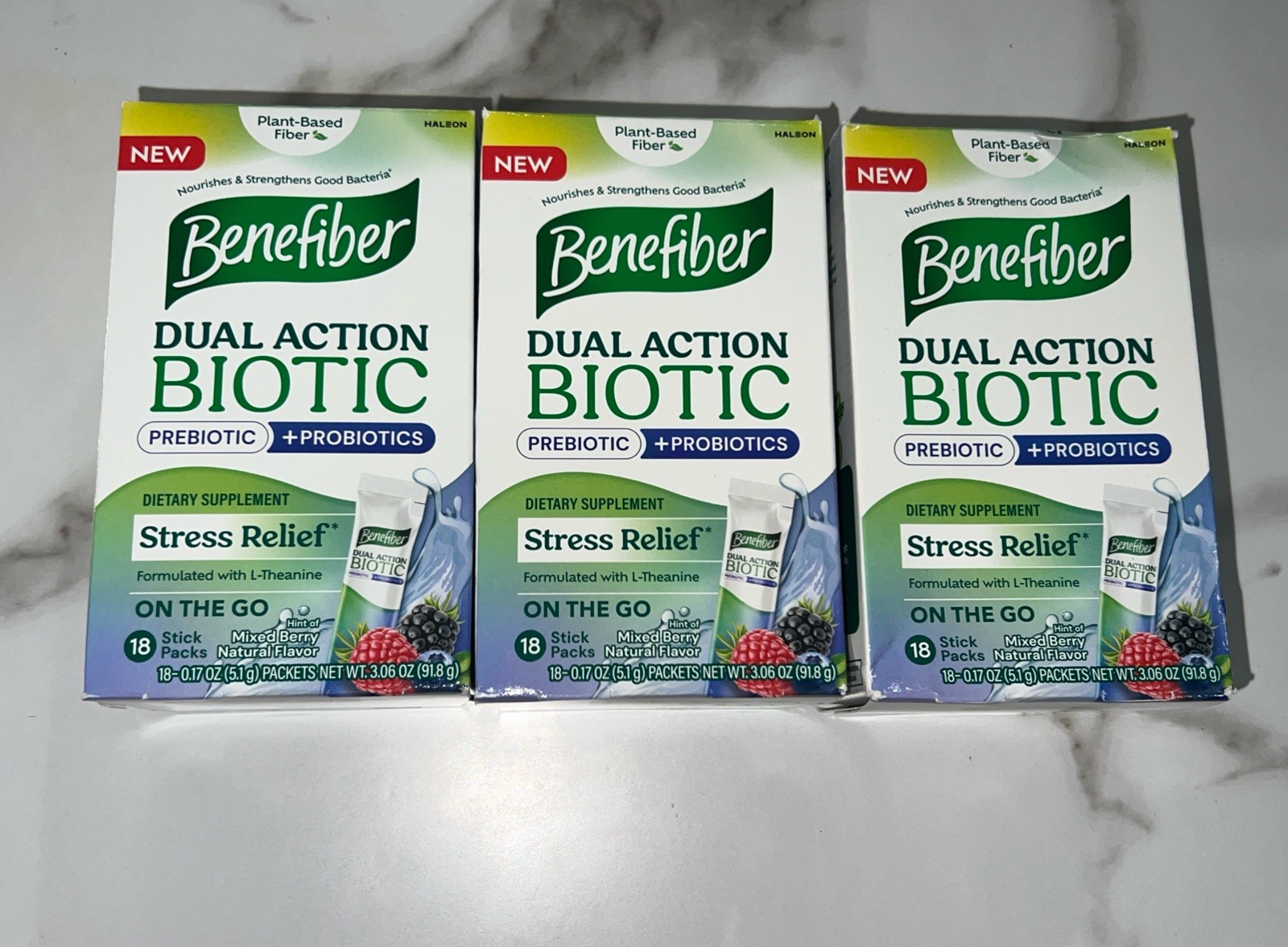 Benefiber Dual Action Biotic Prebiotic 18 Sticks Ea Mixed Berry Exp 12/2025*3*