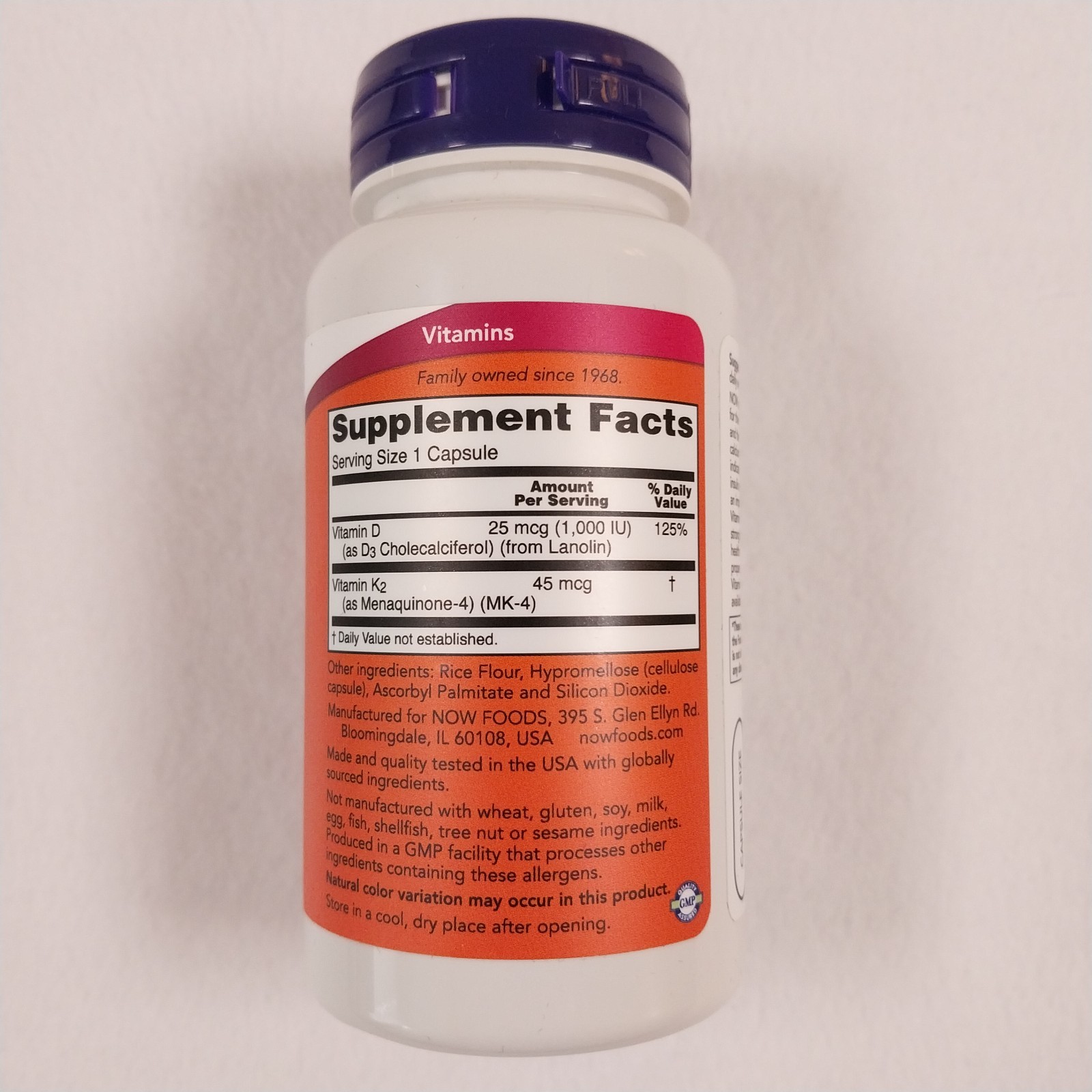 Now Foods Vitamin D-3 & K-2, 1000 IU, 45 Mcg 120 Capsules Best by 01/2029