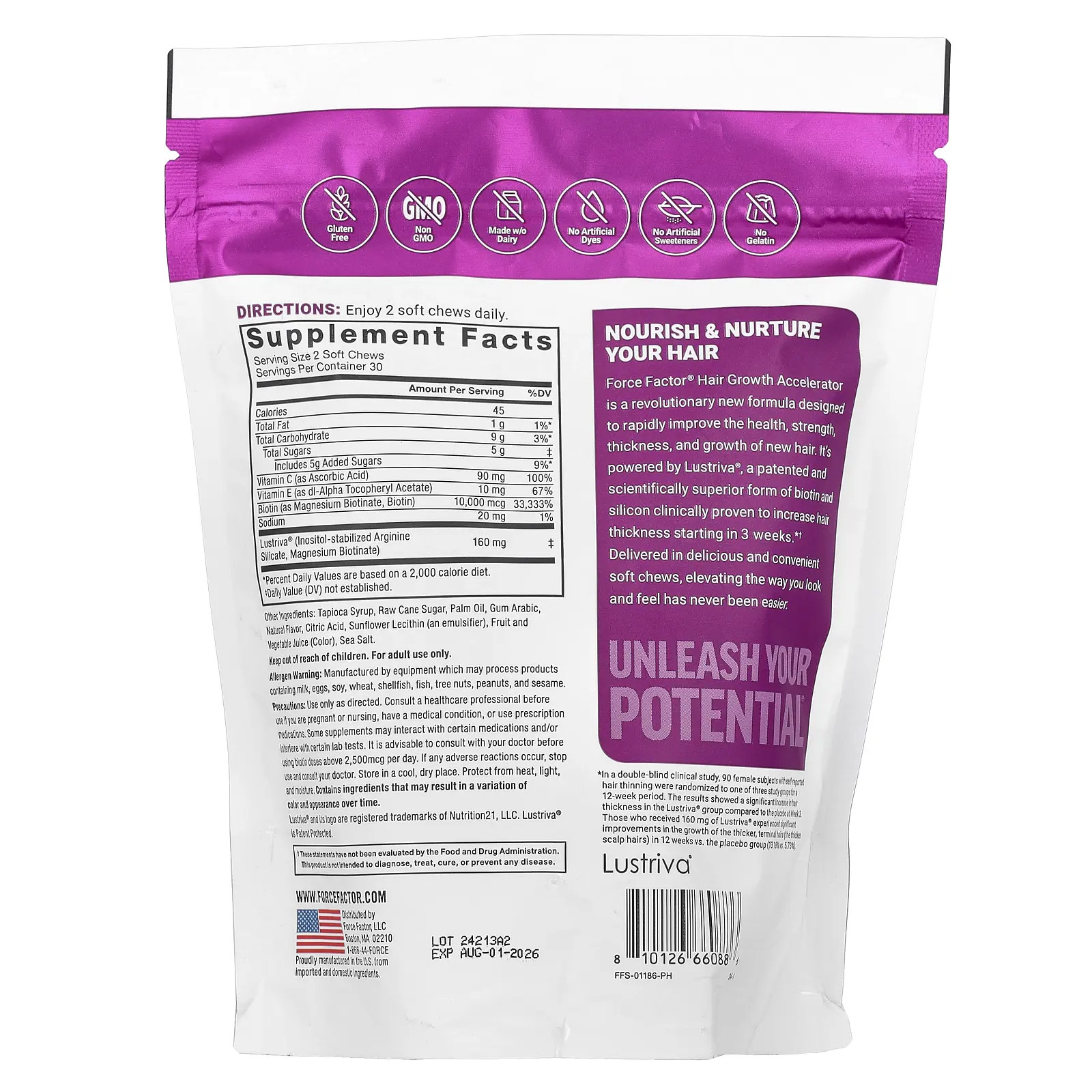 Force Factor Hair Growth Accelerator, Mixed Berry, 60 Soft Chews