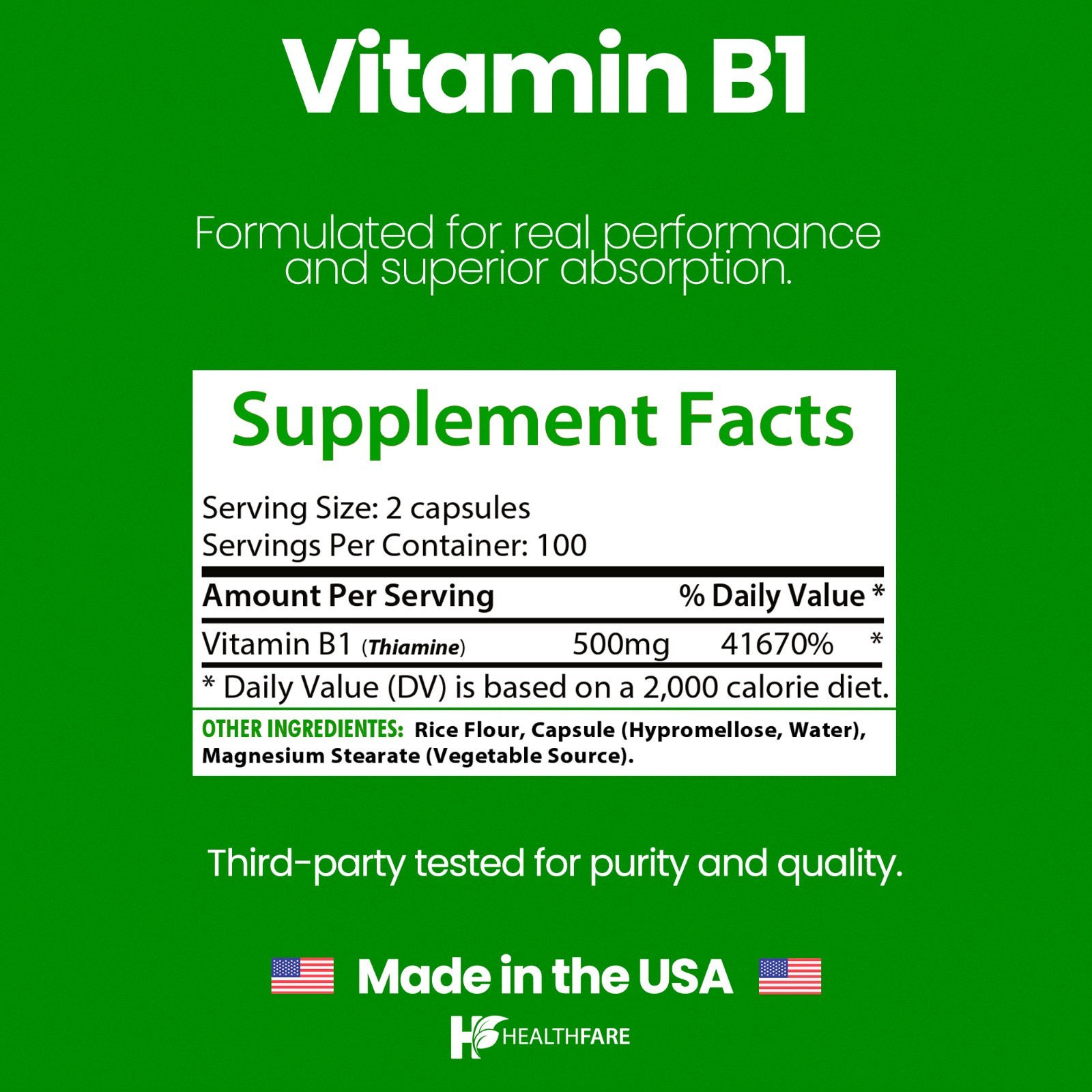 Healthfare Vitamin B1 500mg 200 Vegan Capsule Thiamine Supplement Overall Health