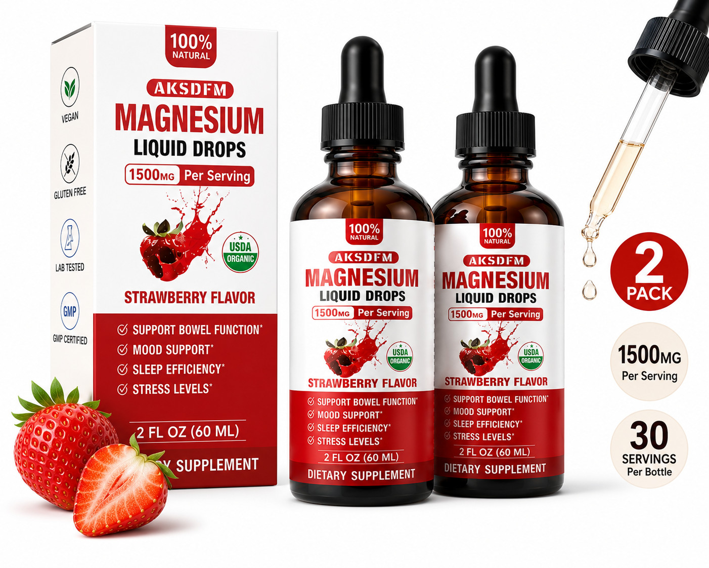 2 Pack Magnesium Liquid Drops 1500mg Strawberry Flavor 2 fl oz (60ml) Vegan Glut