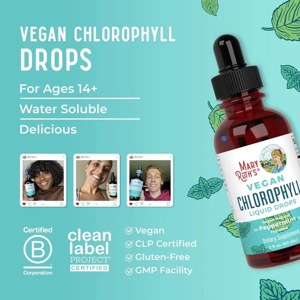 Mary Ruth’s Chlorophyll VEGAN Liquid Drops Peppermint Flavored 2 Fl Oz (60ml)