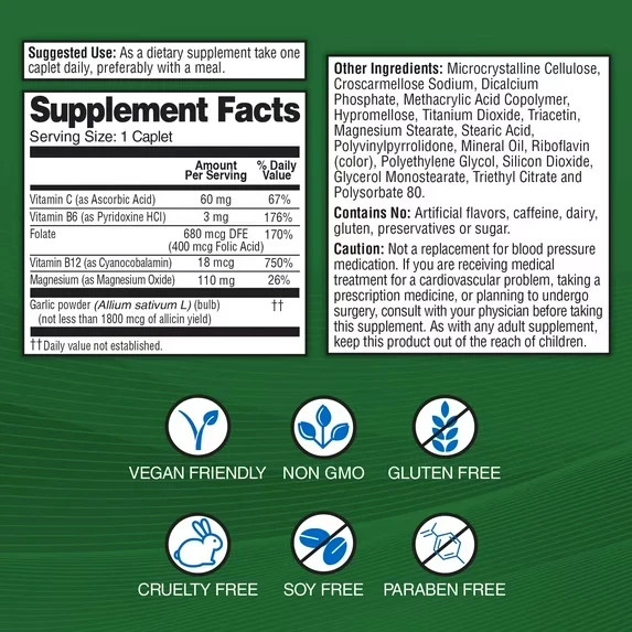 Garlique Healthy Blood Pressure Supplement 60 Caplets Odor Free Vegan Gluten