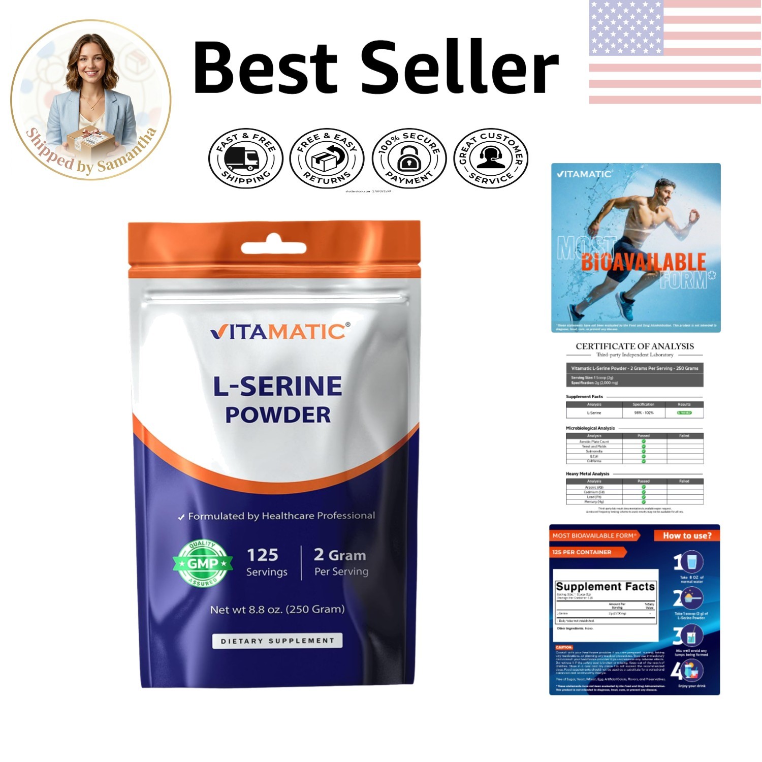 250g L-Serine Powder – 2000mg Servings for Immune Support & Energy Management