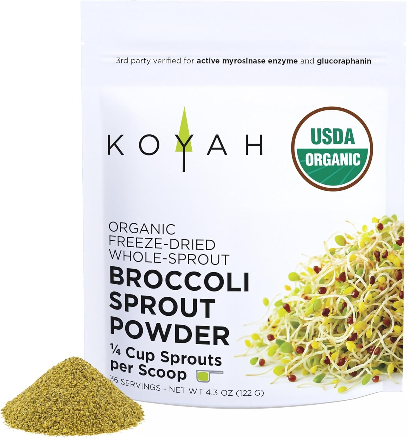 KOYAH Organic Broccoli Sprout Powder Freeze-Dried Active Myrosinase 36 Servings