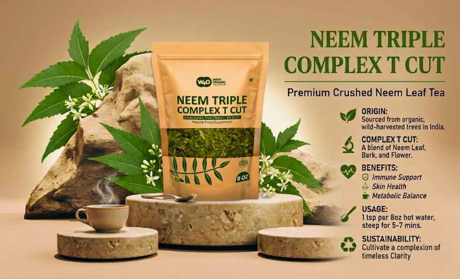Neem Triple Complex T Cut Fresh Leaf Tea Blend Leaves Bark Flower 8 oz