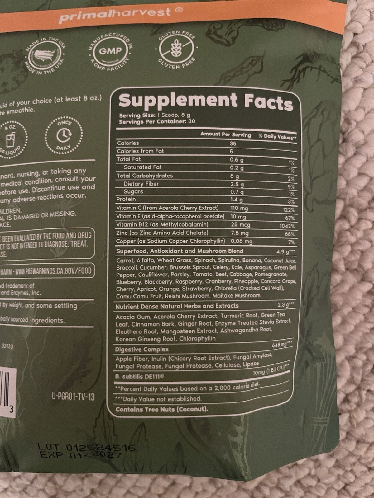 Primal Harvest Super Greens Powder 30 Servings with 50+ Superfood and Probiotics