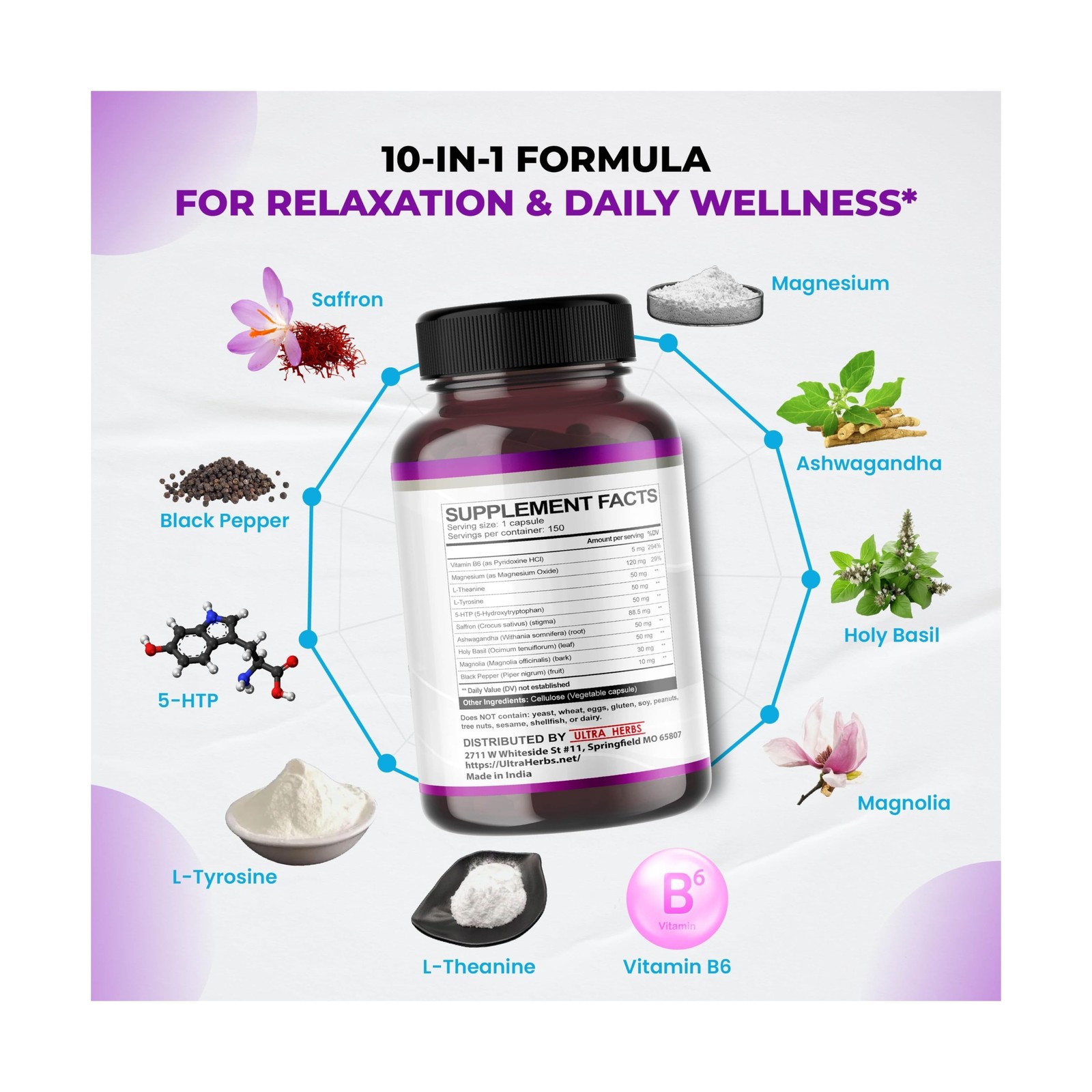 Premium Saffron 10-in-1 – 905 mg with L-Theanine, Ashwagandha, Vitamin B6,