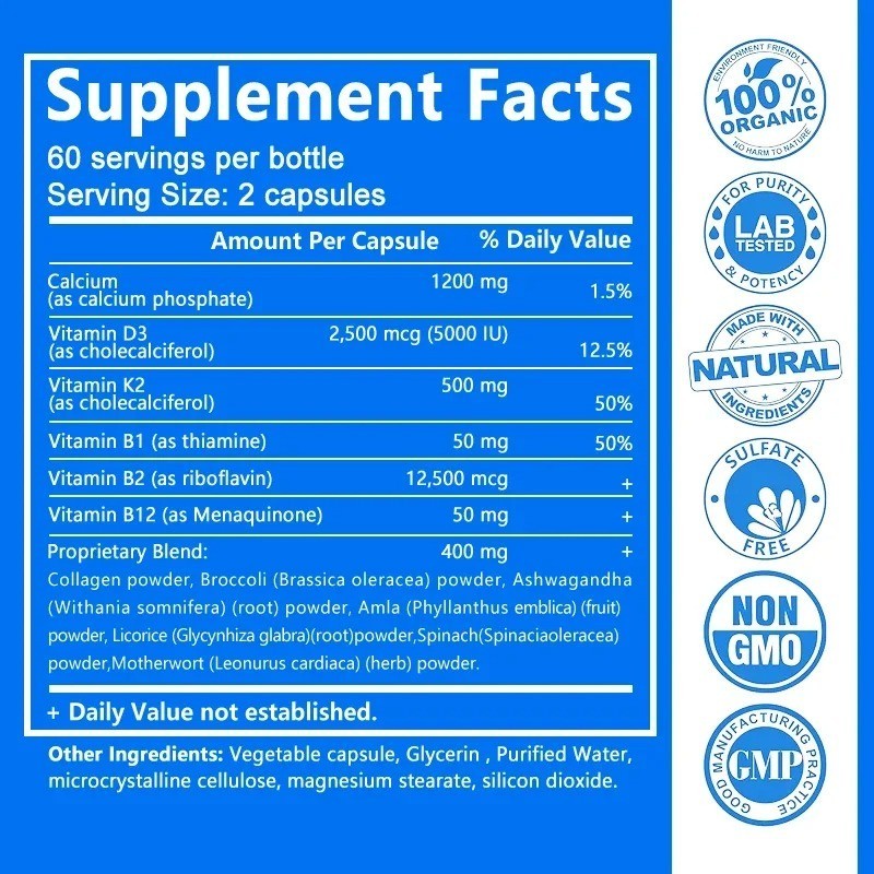 Calcium Capsules w/ D3+K2+B12 Support Bones Muscles Health Immune System 120Caps