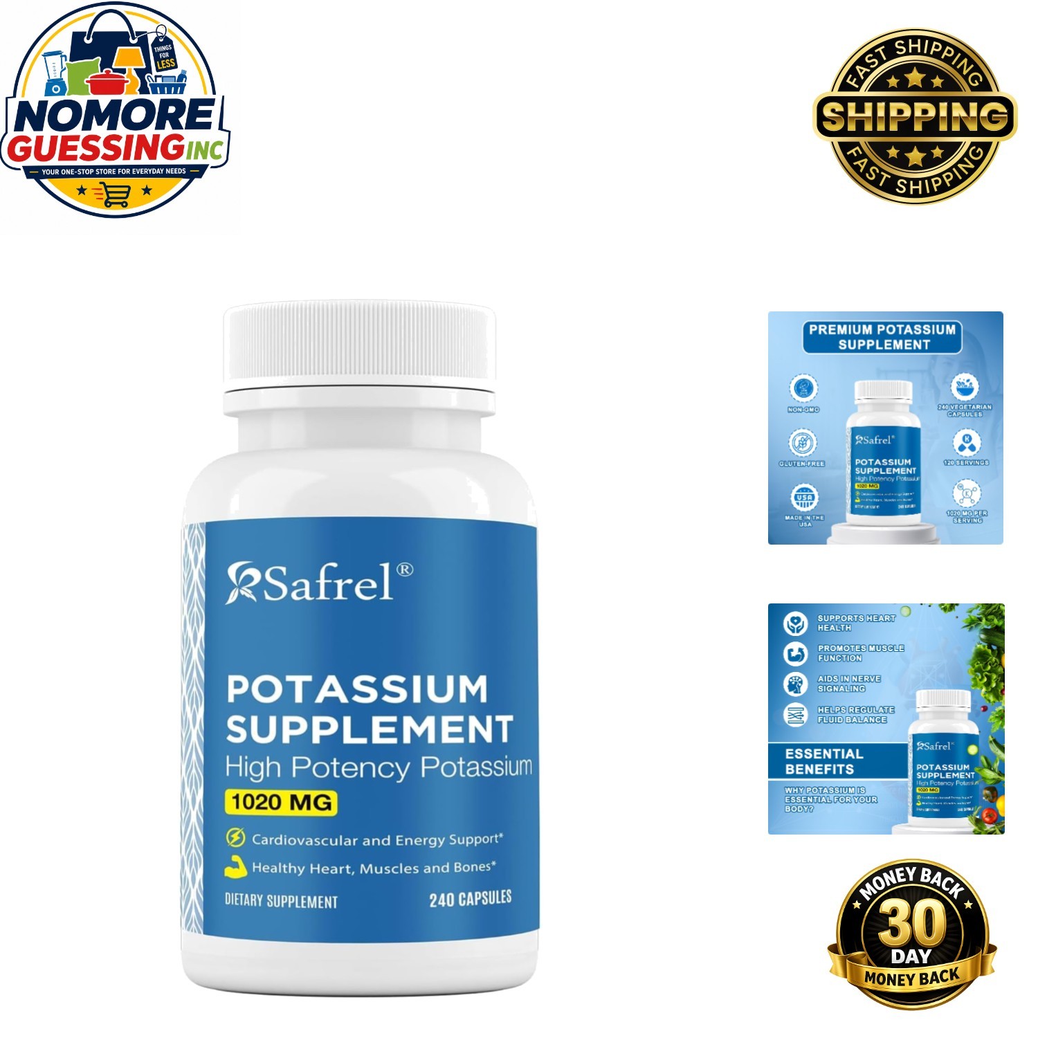High Potency Potassium Supplement 1020 mg, 240 Vegetarian Capsules, Gluten-Free