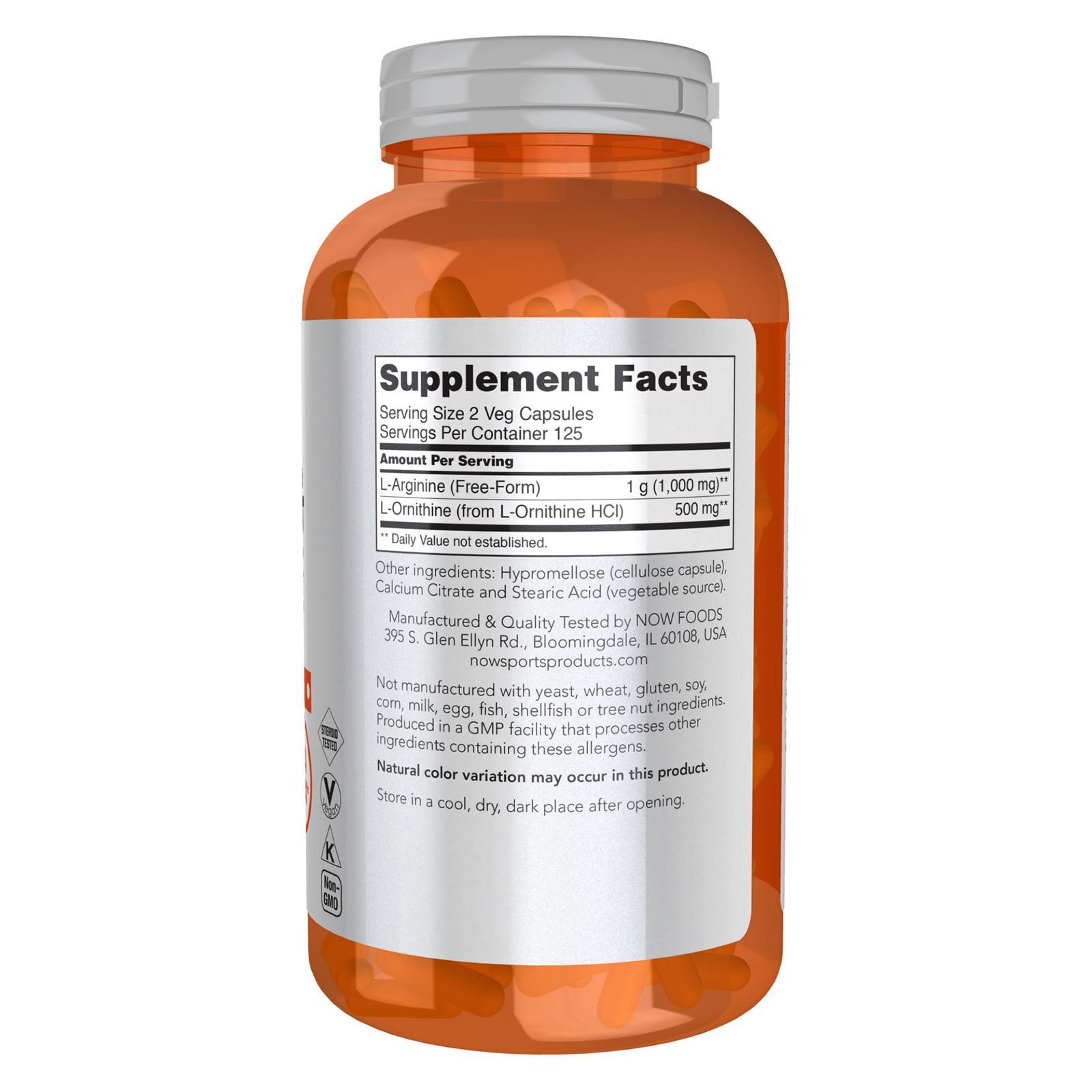 NOW FOODS Arginine & Ornithine 500 mg 250 mg 250 Veg Capsules