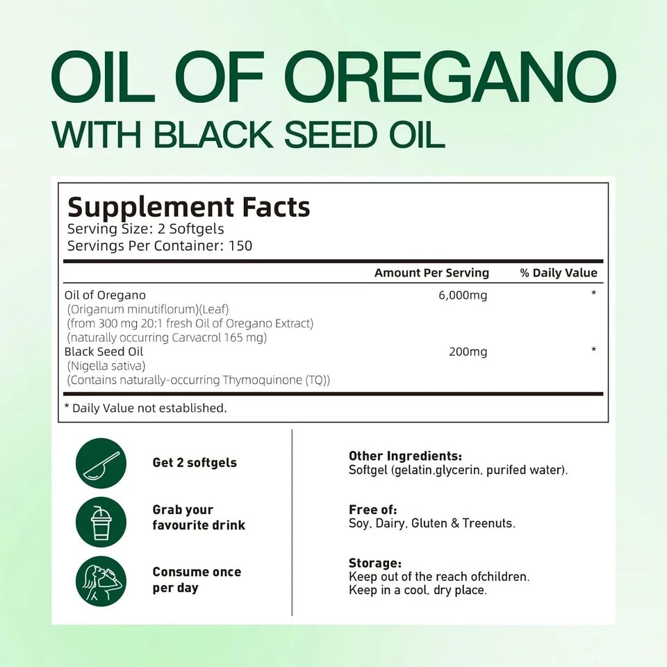 300Ct Oregano Oil 6000mg Black Seed Oil Softgels, Herbal Whole Body Wellness