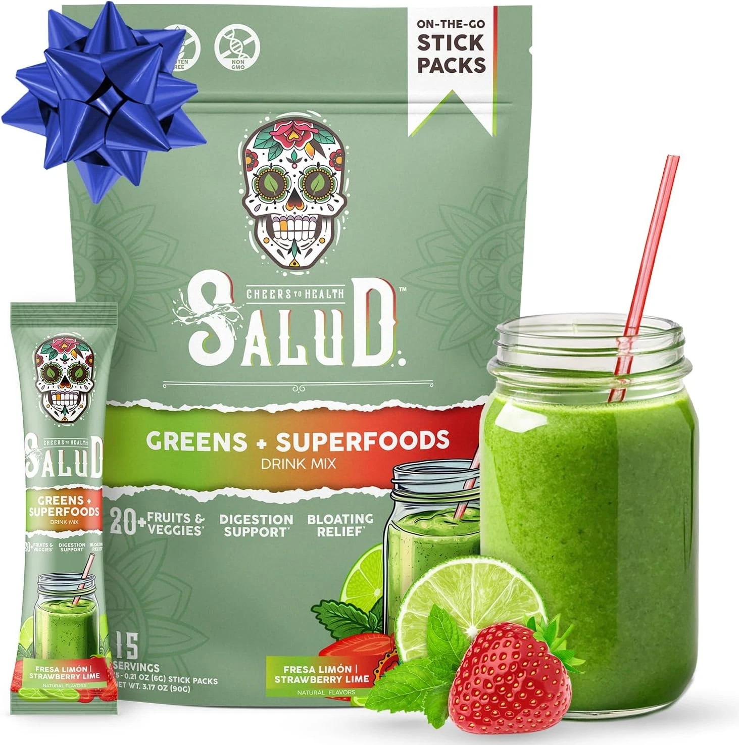 Salud 2-In-1 Greens Powder + Superfood Drink Mix Packets, 20+ Fruits and Veggies