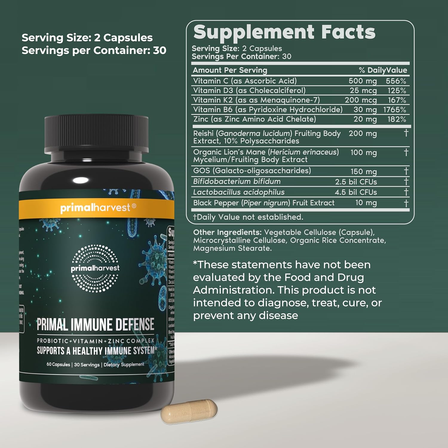 Primal Harvest Immune Defense Vitamins Zinc Probiotics 60Ct 2 Pack