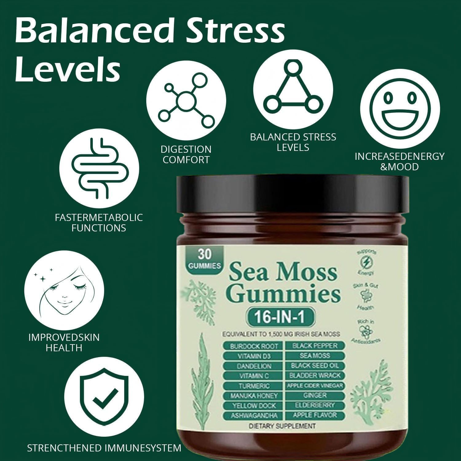 16 in 1 Organic Sea Moss Gummy | Irishmoss Extract 6000Mg | Green Apple Flavor