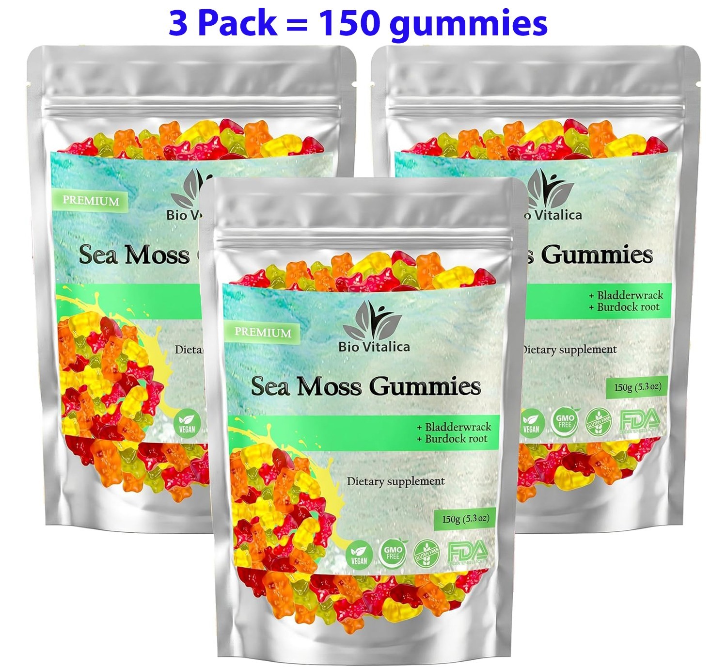 (3 Pack) Sea Moss Gummies – Irish sea Moss raw Organic Bladderwrack Burdock Root