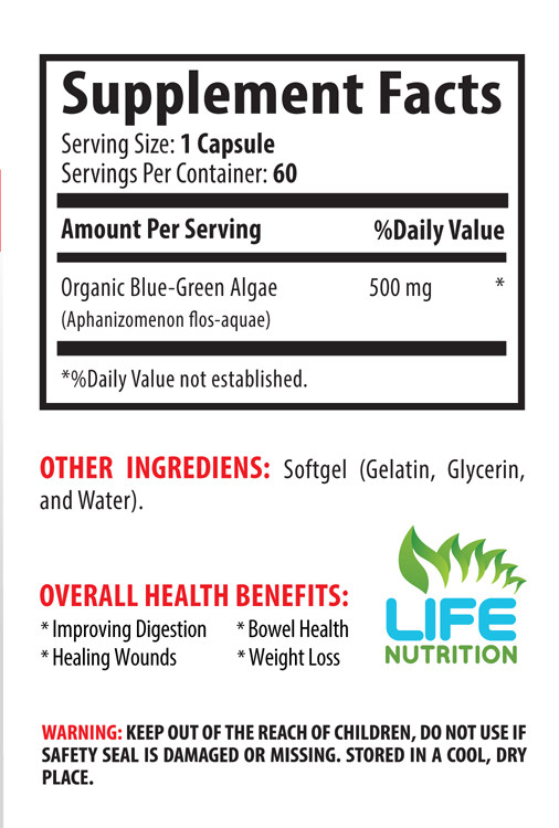 Blue Green Algae 500mg From Klamath Lake – Boost Heart Health 1 Bottle, 60 Caps