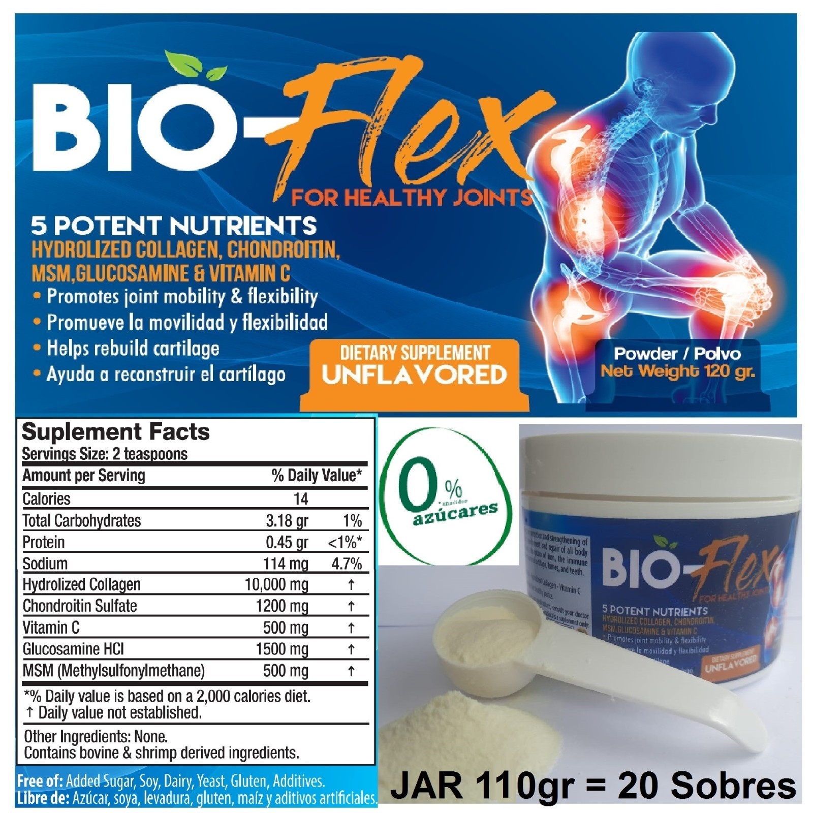 Unflavored no sugar CHONDROITIN GLUCOSAMINE, MSM Joint Health powder 15pouches