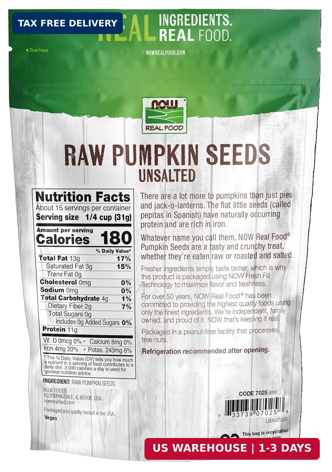 NOW Foods, Pumpkin Seeds, Raw and Unsalted, Essential Fatty Acids, Rich in Iron,