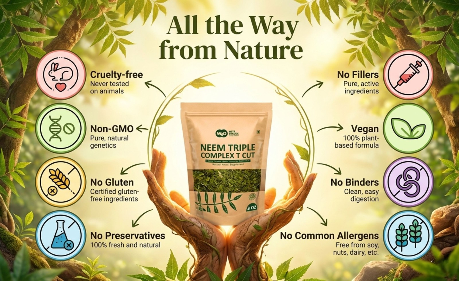 Neem Triple Complex T Cut Fresh Leaf Tea Blend Leaves Bark Flower 8 oz