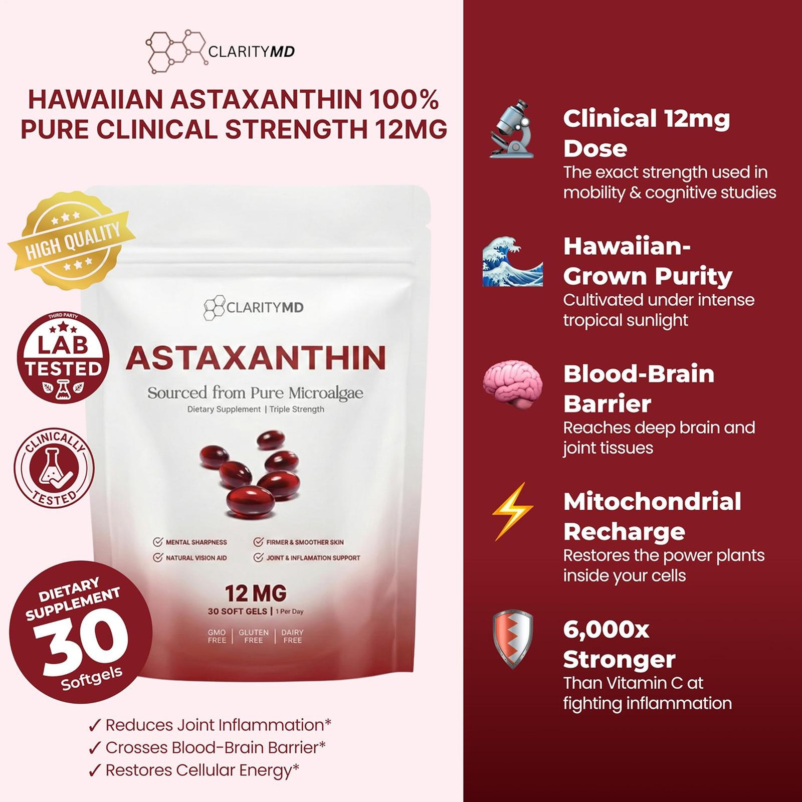 Astaxanthin 12mg Antioxidant Supplement 30 Softgels Natural Microalgae