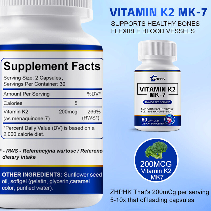 ZHPHK Vitamin K2 MK-7 200 mcg, 60 Capsules – Gluten Free and Non-GMO MK7