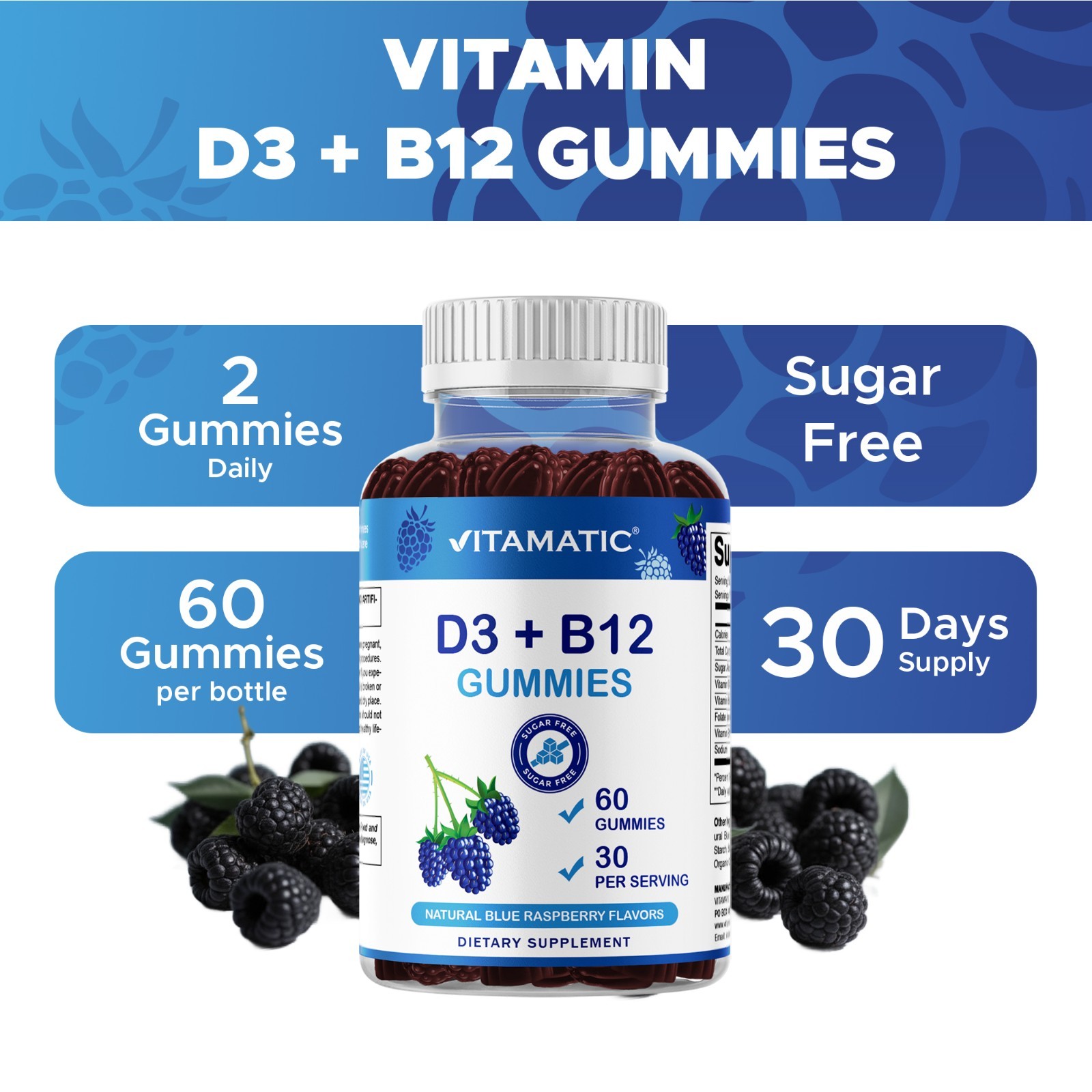 Vitamatic Vitamin D3 + B12 Gummies Made with Folate & Vitamin B6 – 60 Gummies
