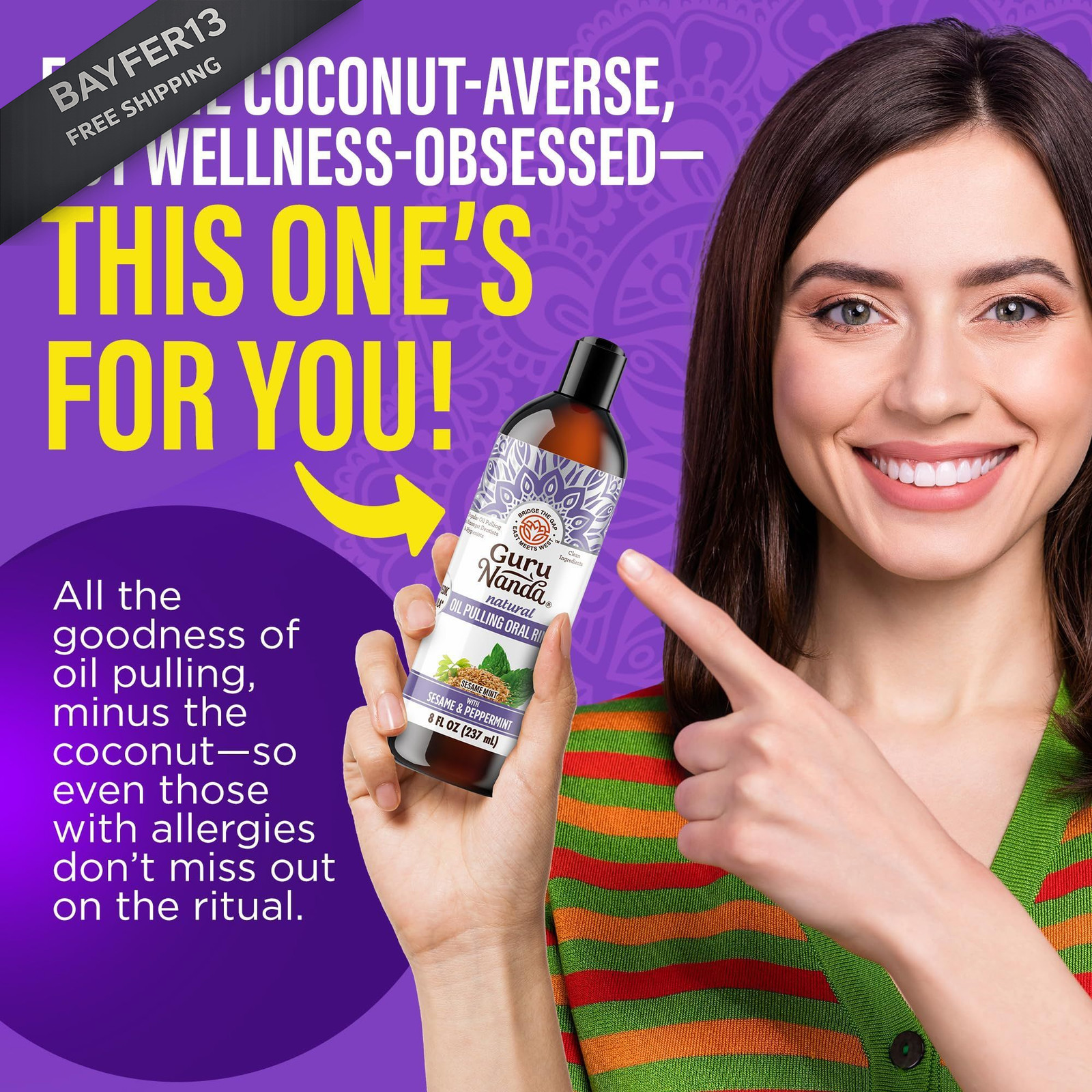 GuruNanda Sesame Mint Oil Pulling Mouthwash 8 Fl Oz (Pack of 1), Colorless
