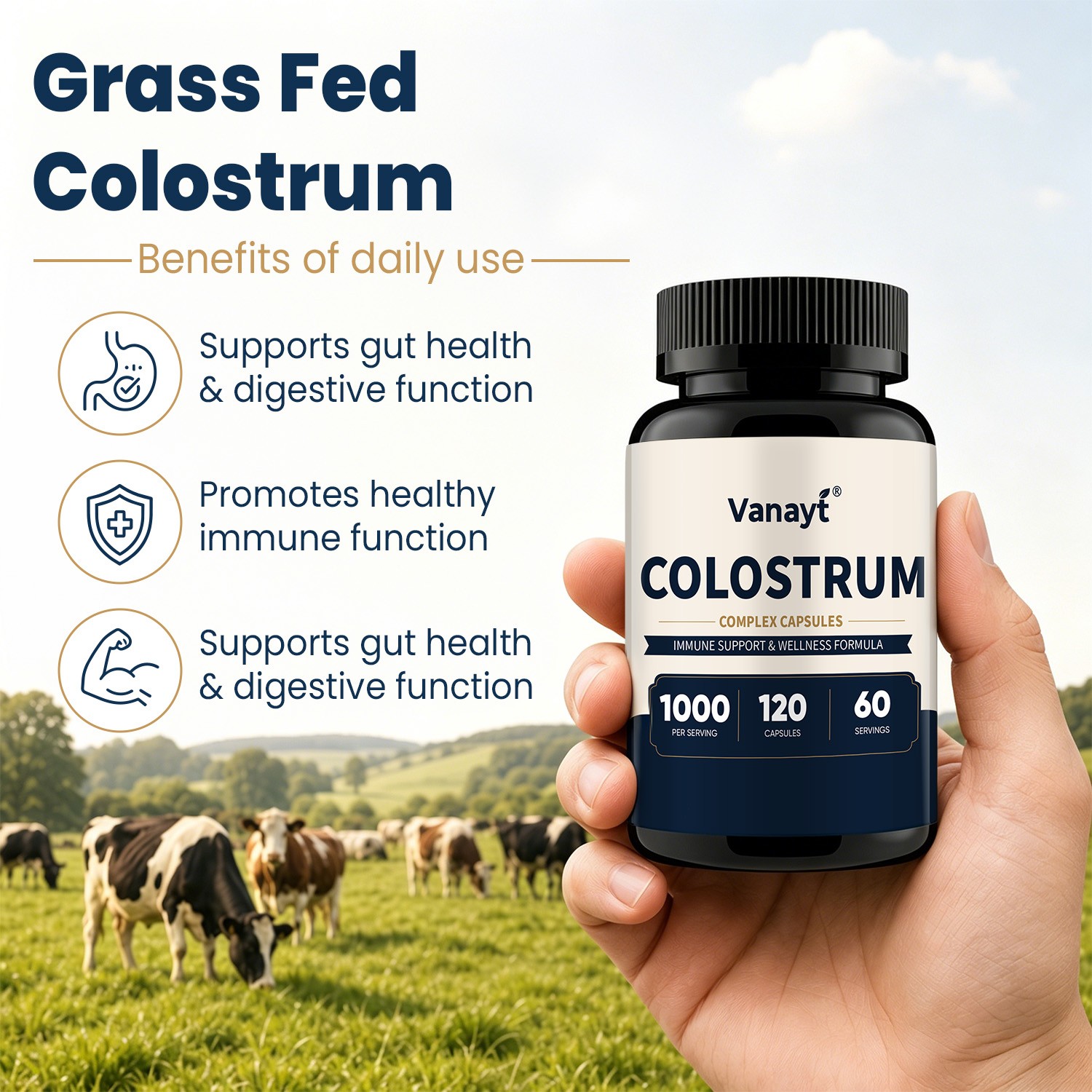 Colostrum Capsules 1000mg Immune Gut Health Athletic Recovery Support 120 Ct