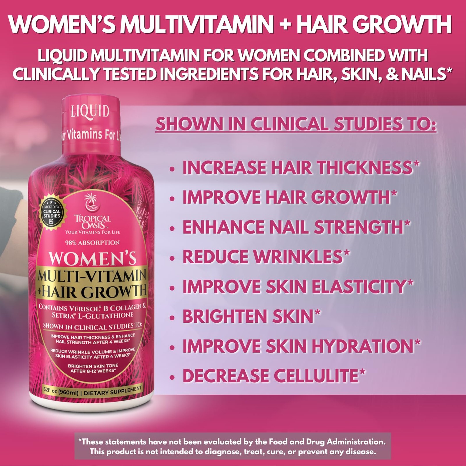 Tropical Oasis Women’s Liquid Multivitamin + Hair 32.1 Fl Oz (Pack of 1)
