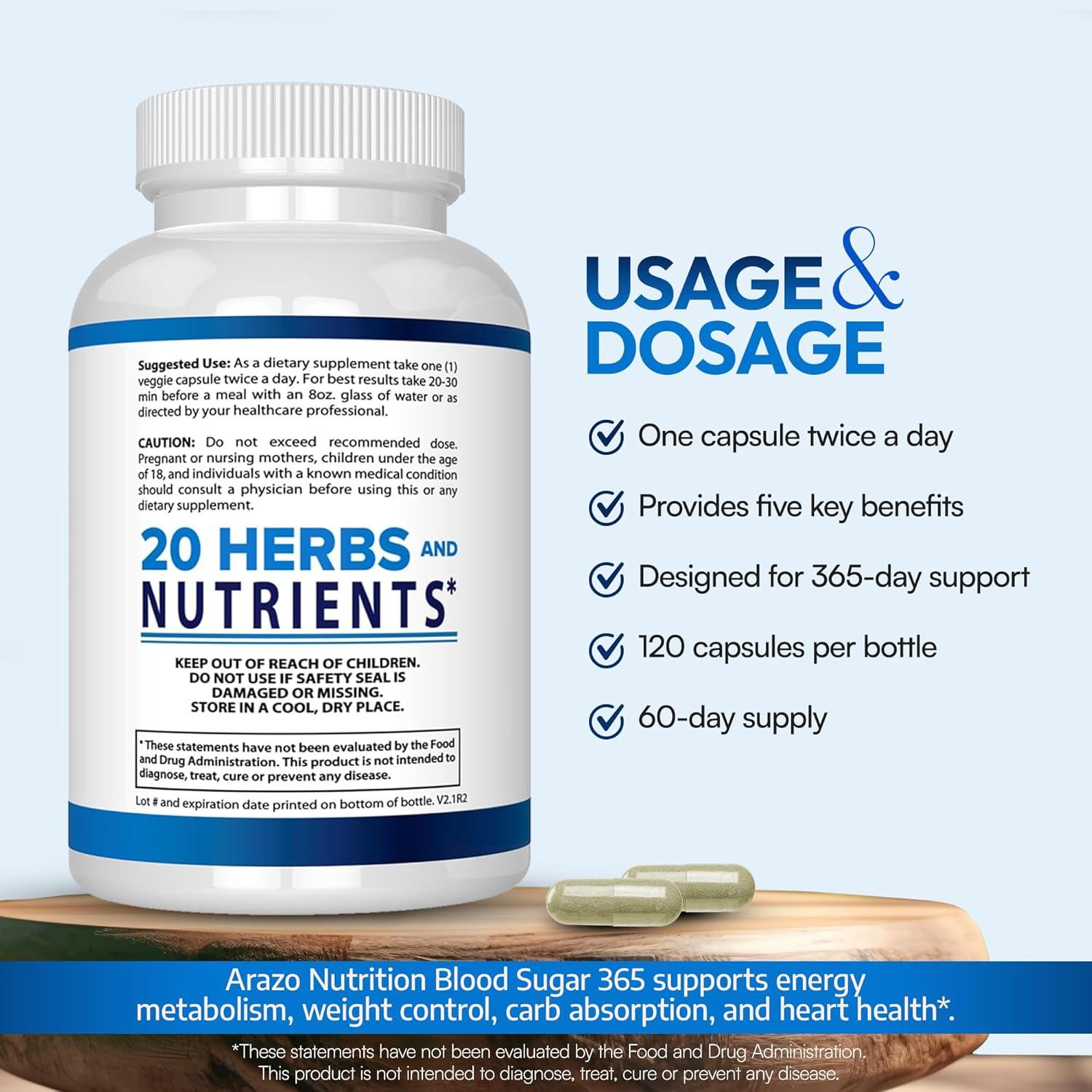 Arazo Nutrition Blood Sugar 365 Supplement Supports Healthy Energy Levels – 120