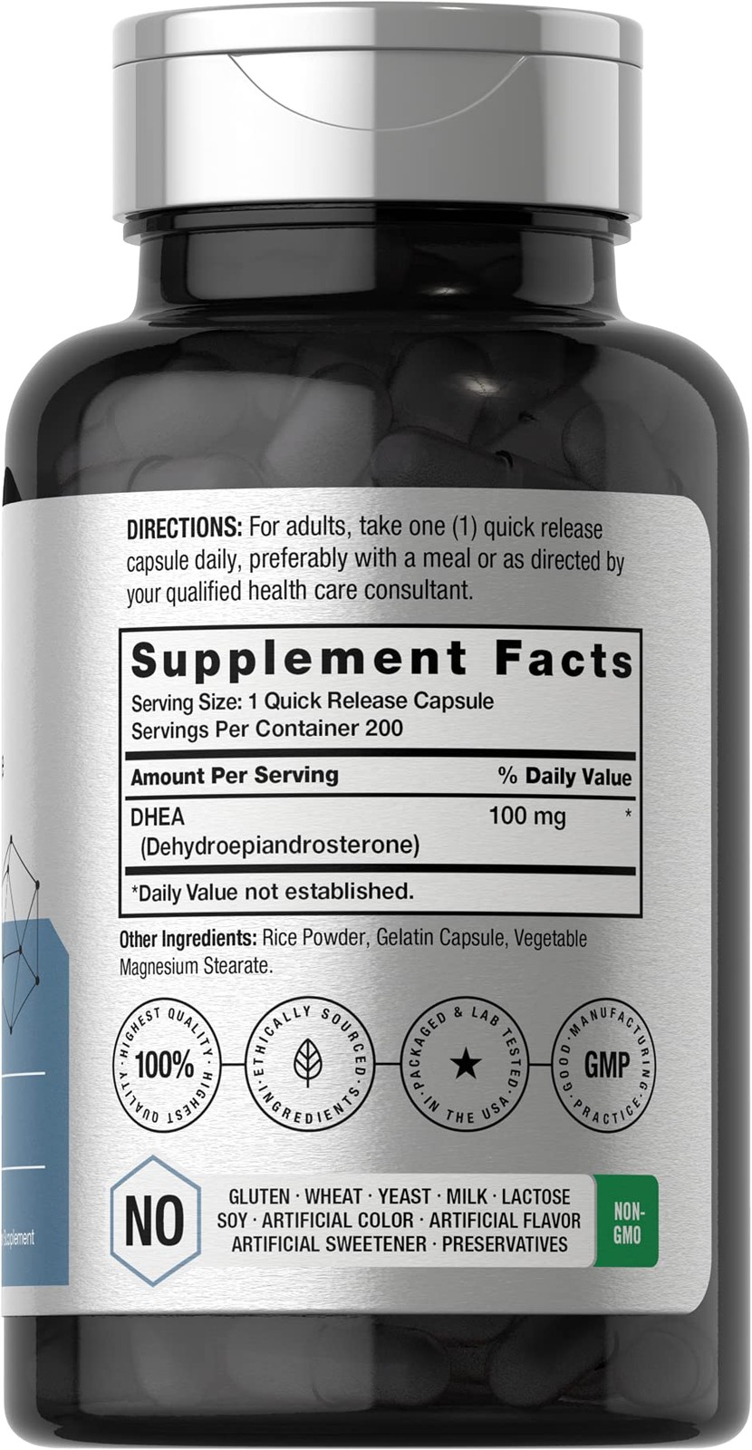 Dhea 100 Mg | 200 Capsulas | Suplemento Sin Omg, Sin Gluten | Por Horbaach