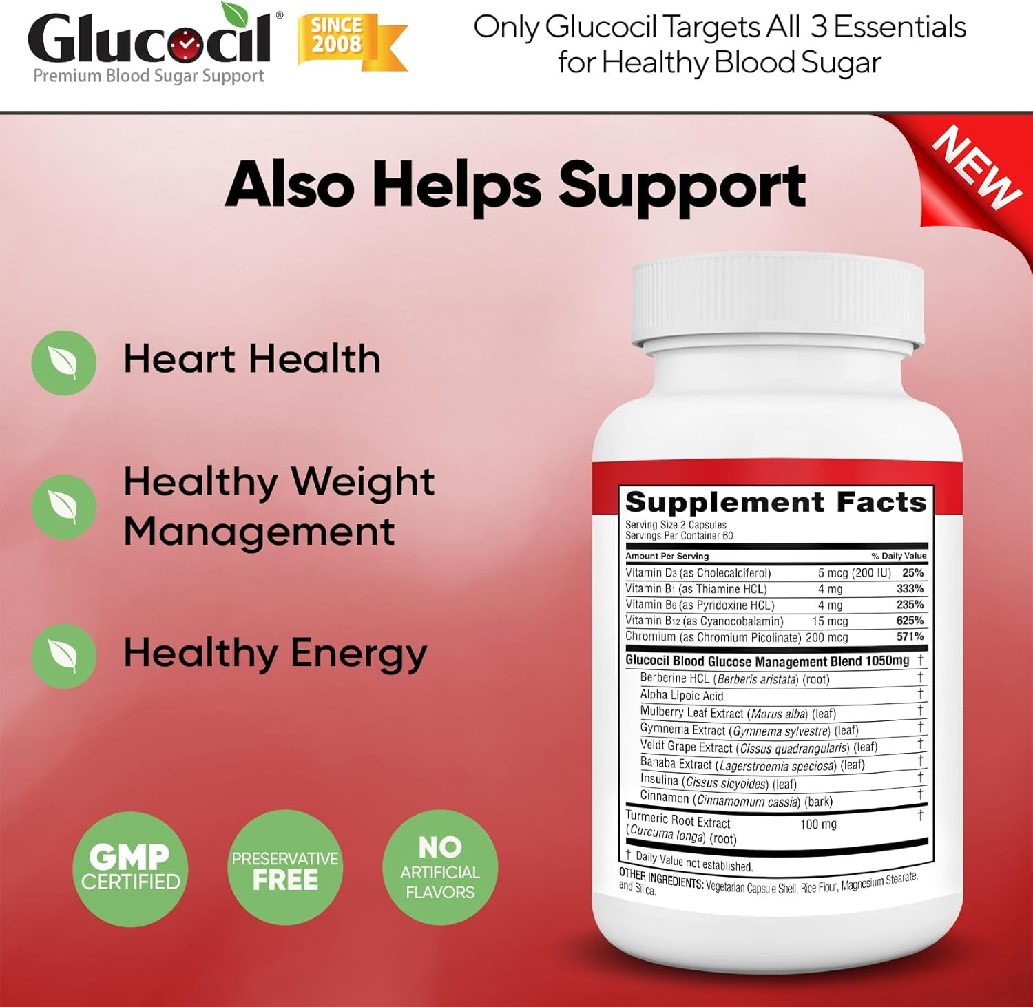 Glucocil – Vegetarian Capsules – Premium Blood Sugar Support – Supports The 3 Es