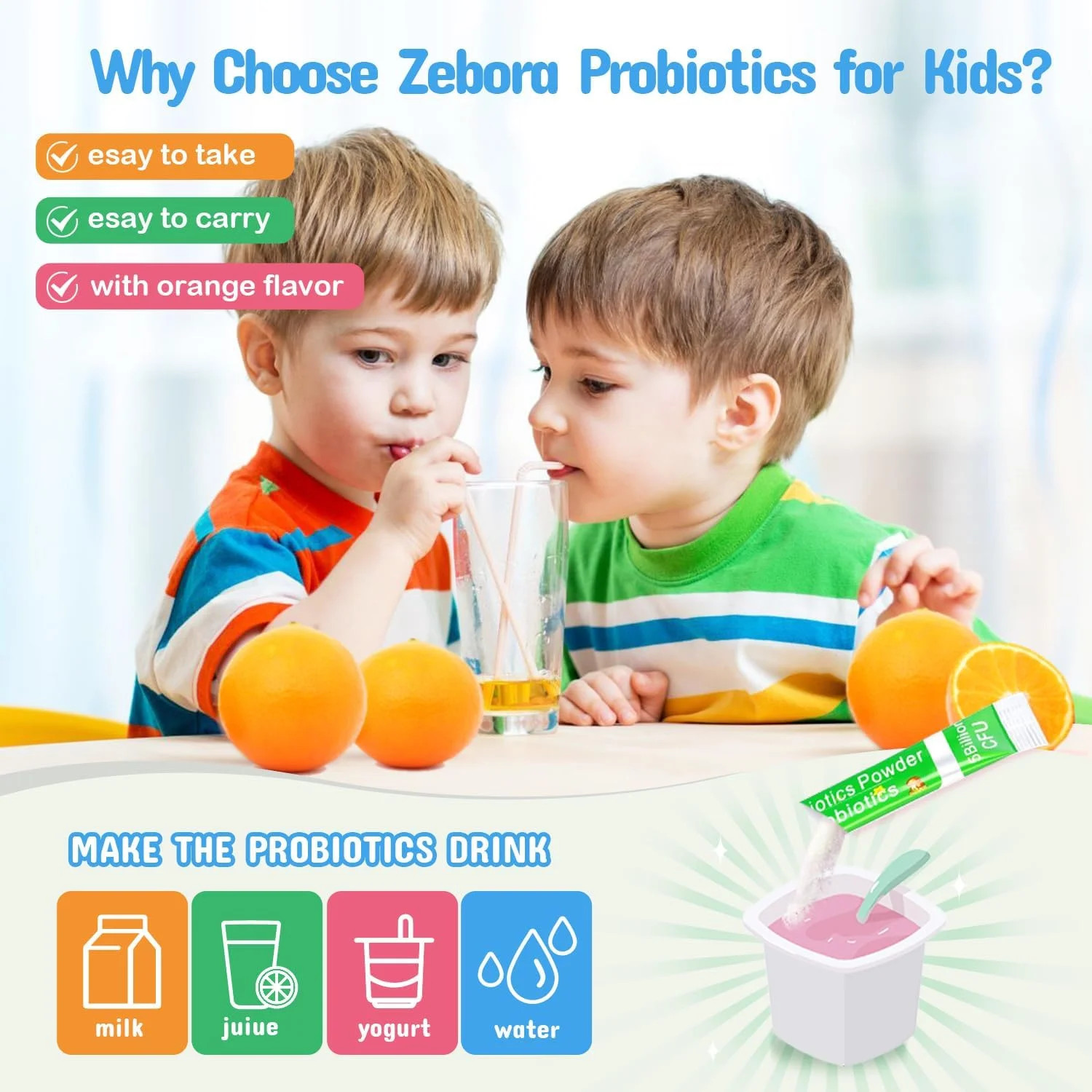 ZEBORA Kids Probiotic Prebiotics Powder 30 Packets 5B CFU Digestive Immune