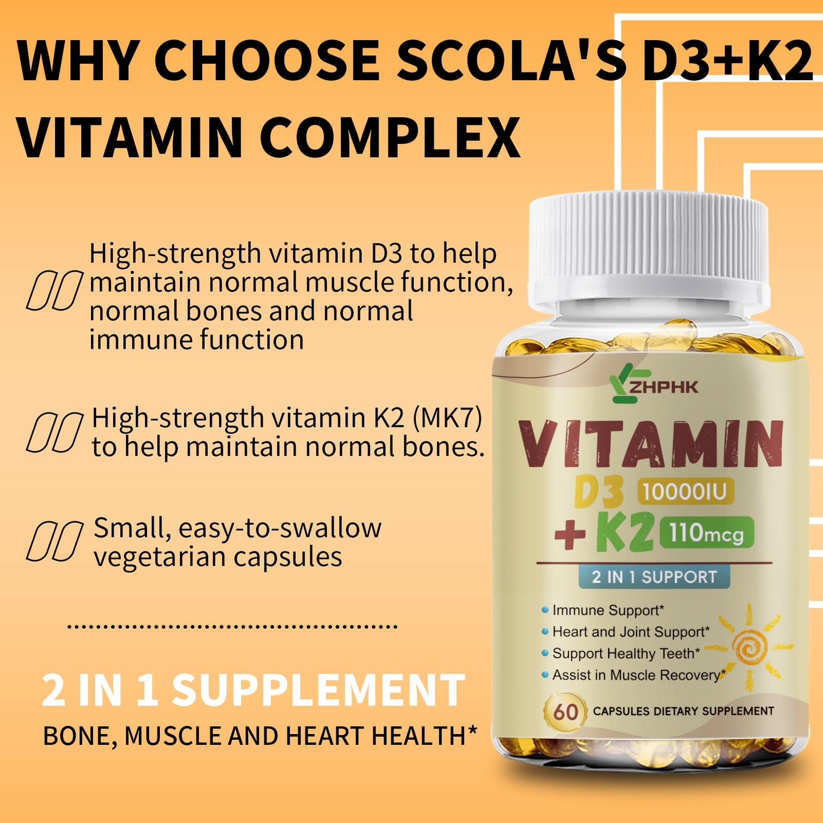 Advanced Vitamin D3 K2 Capsules – Extra Strength D3 K2 Supplements with 10000 IU