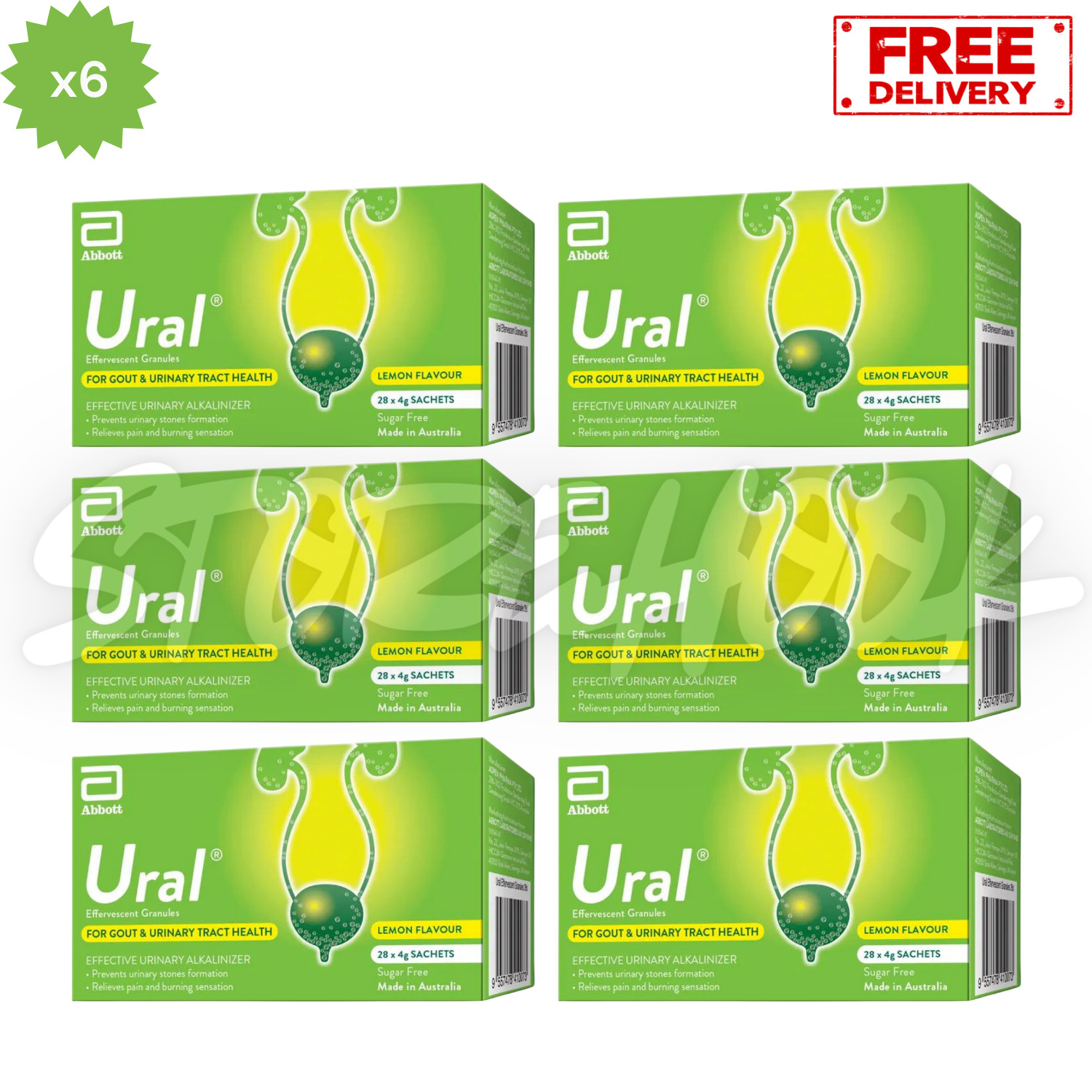 6x Abbott Ural Effervescent Granules Urine Alkalinizer 4g x 28 sachets