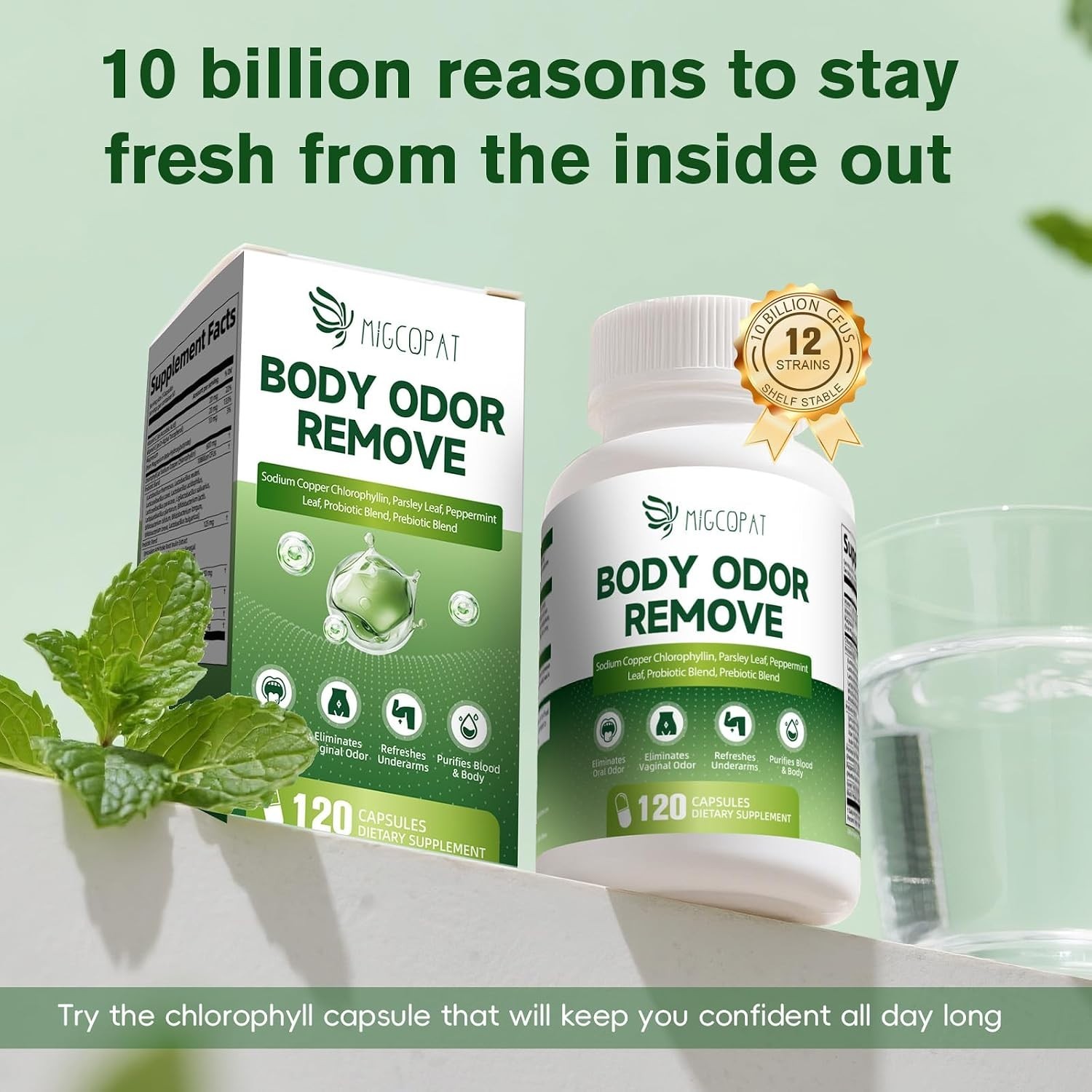 Chlorophyll Body Deodorizing Supplement with 10 Billion CFU Probiotic Free Shipp