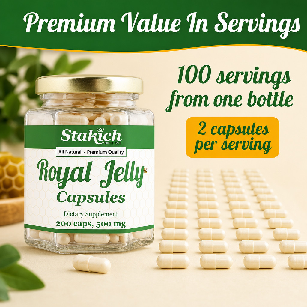 200 ROYAL JELLY CAPSULES 500mg Pure Fresh Natural Best Bee Gluten Free 48 Hour