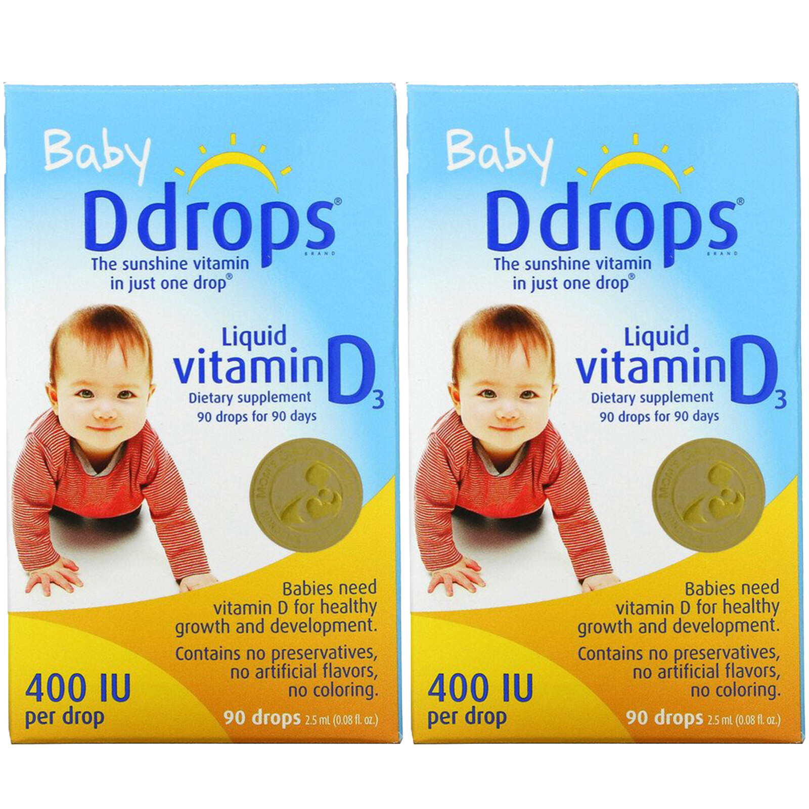 Ddrops, Baby, ( 2 Pack) Liquid Vitamin D3, 400 IU, 0.08 fl oz (2.5 ml), 90 Drops