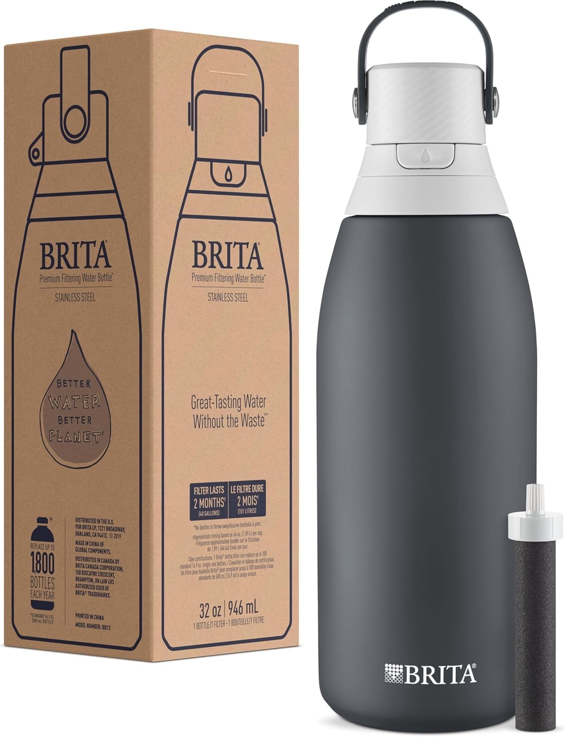 Brita Stainless Steel Premium Filtering Water Bottle, 32 Ounces, Carbon