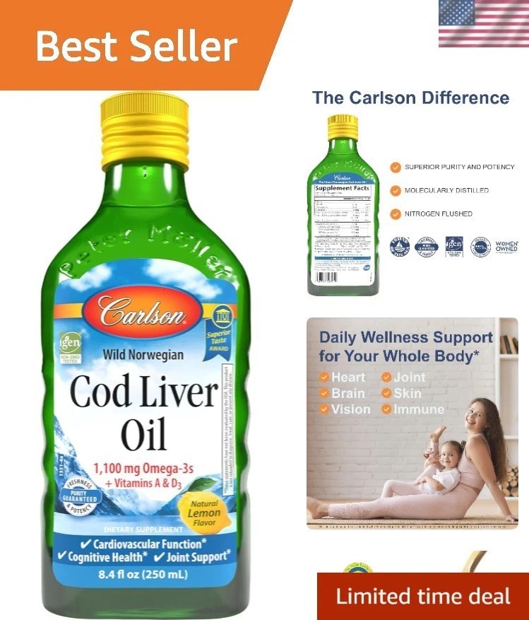 Cod Liver Oil, 1100 mg Omega-3s, Liquid Fish Oil Supplement, Wild-Caught Norw…