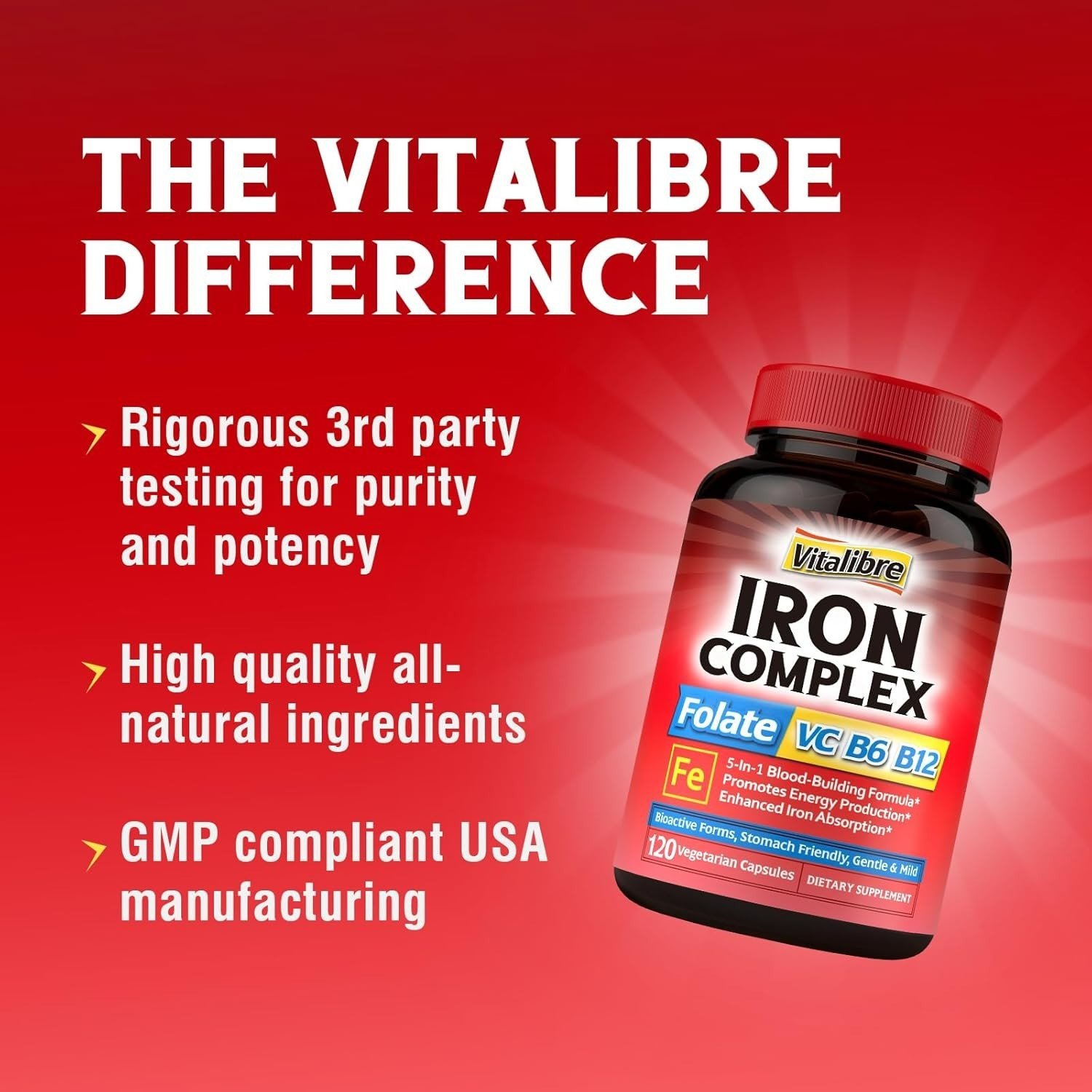 Iron Supplement for Women & Men with Vitamins C B6 B12 & Folate for Iron Defi…