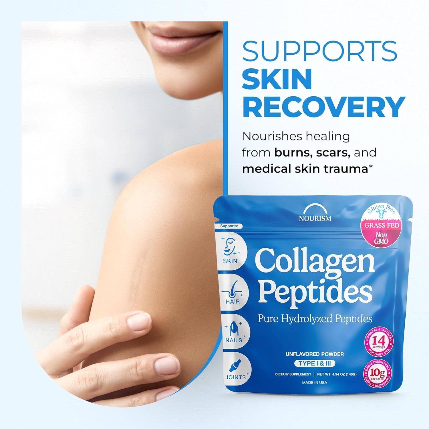 Collagen Peptides Powder for Women & Men Types I & III Grass-Fed Kosher 4.93 Oz