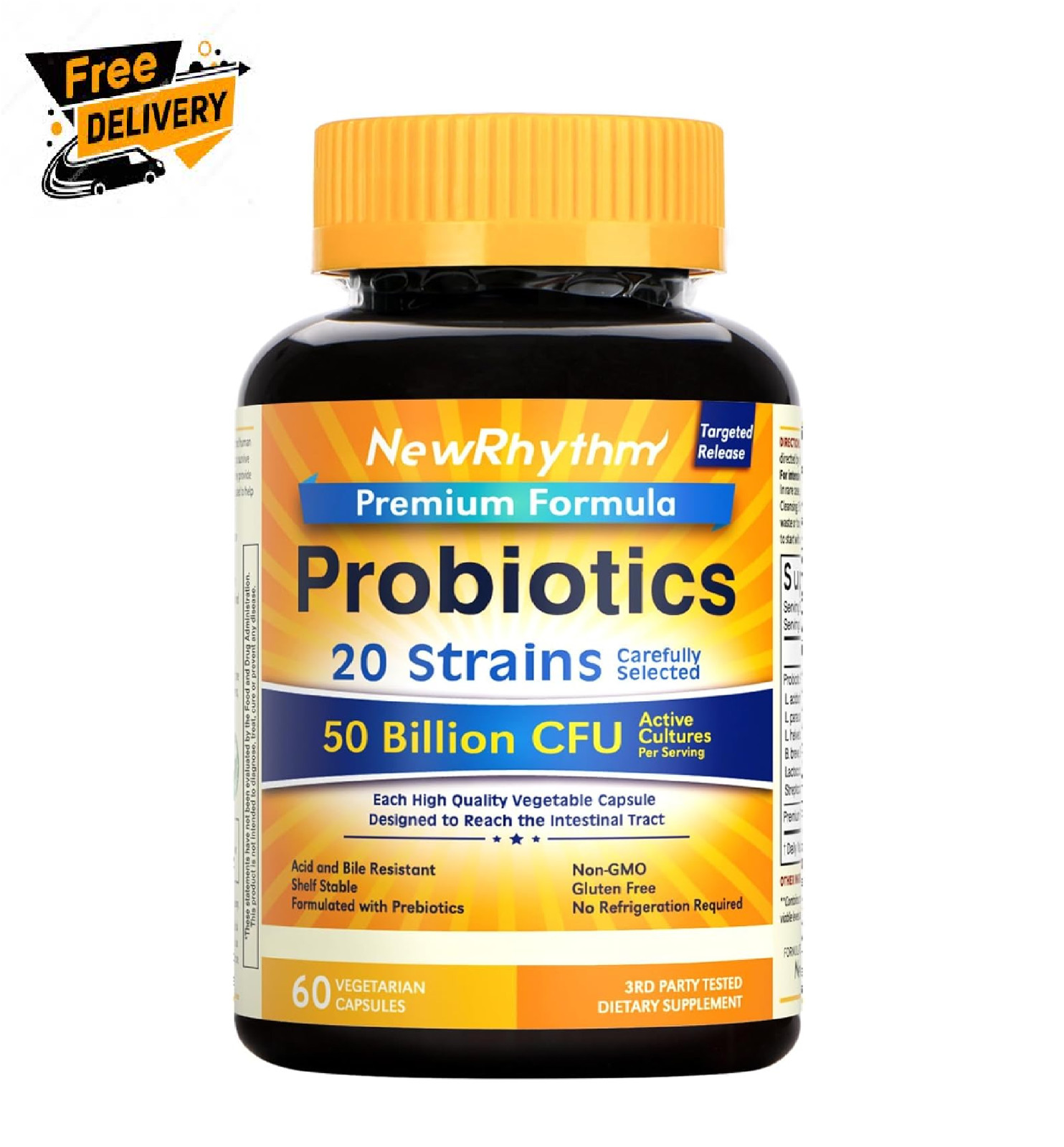 NewRhythm Probiotics 50 Billion CFU 20 Strains, 60 Veggie Capsules, Targeted Rel