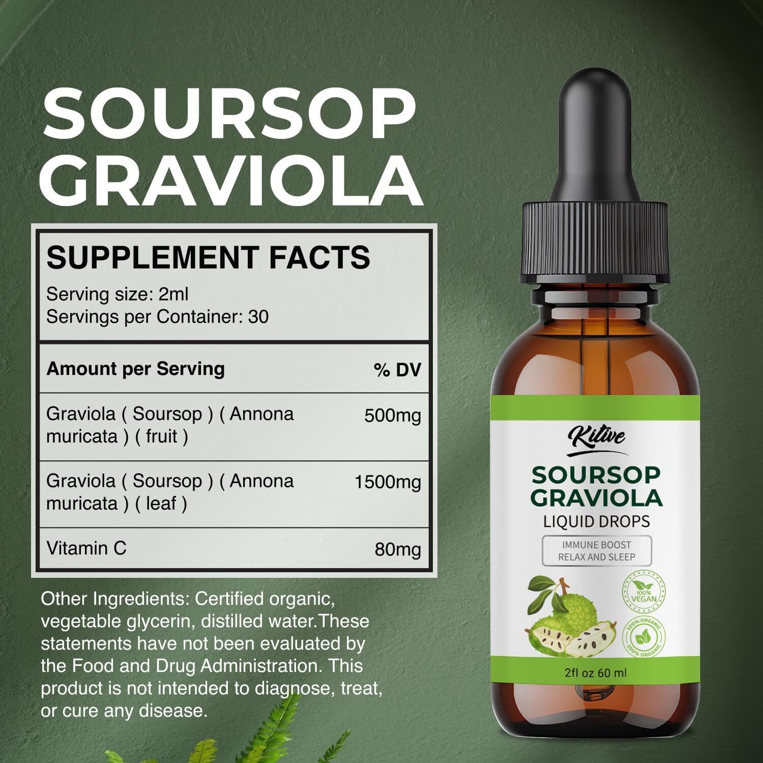 Soursop Graviola Liquid Drop, Nature & Pure Soursop Graviola Extract 2 Fl Oz