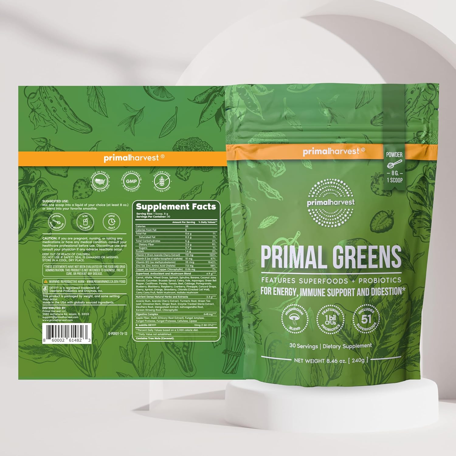 Primal Harvest Super Greens Powder Energy Digestion 30 Servings