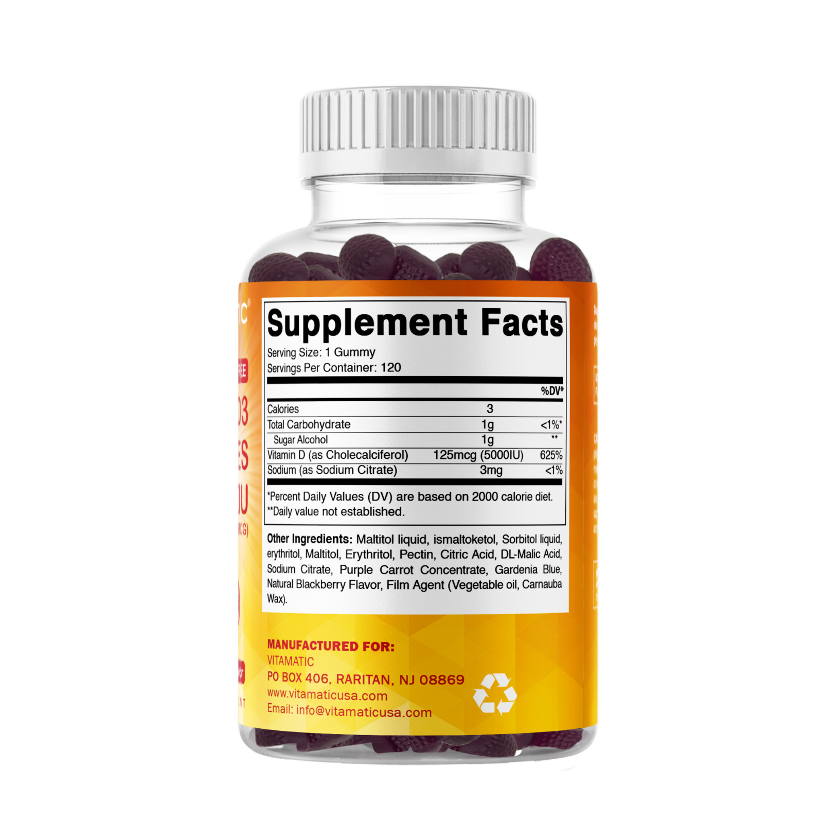 Vitamatic Sugar Free Vitamin D3 (5000 IU) – 120 Pectin Based Gummies.