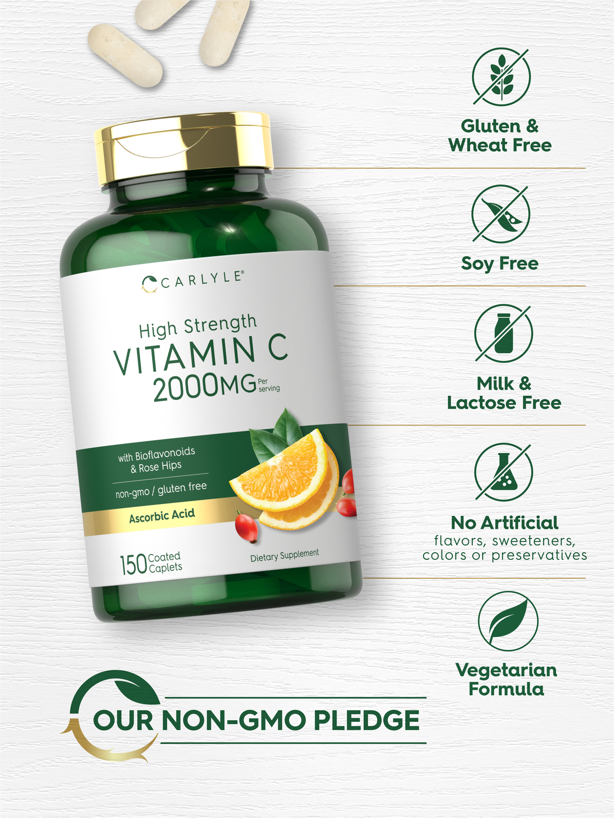Vitamin C 2000mg | with Rose Hips & Bioflavonoids | 150 Caplets | by Carlyle