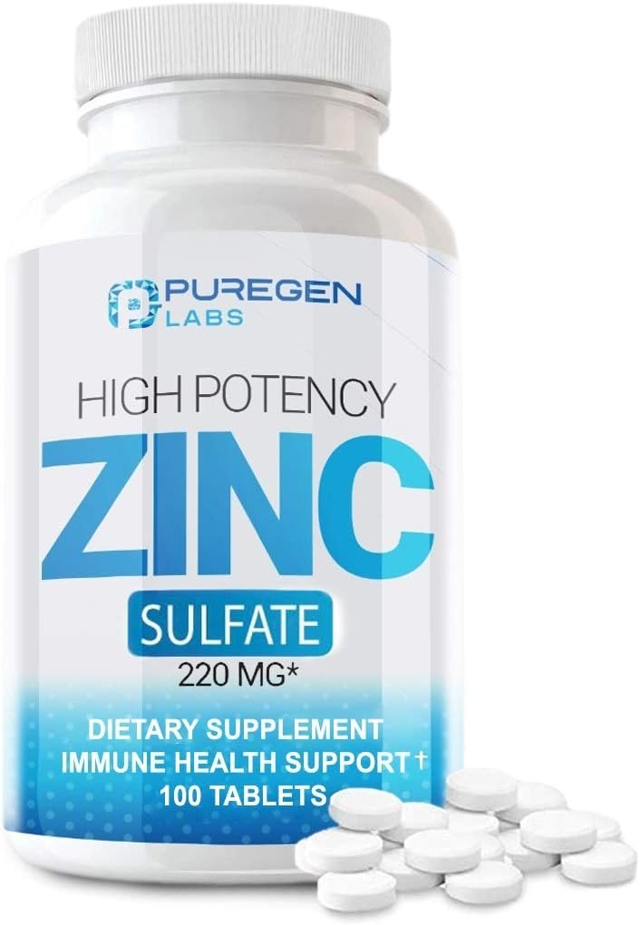 Puregen Labs Zinc Sulfate 220 mg Dietary Supplement 100 Tablets 1 PACK Exp 8/26